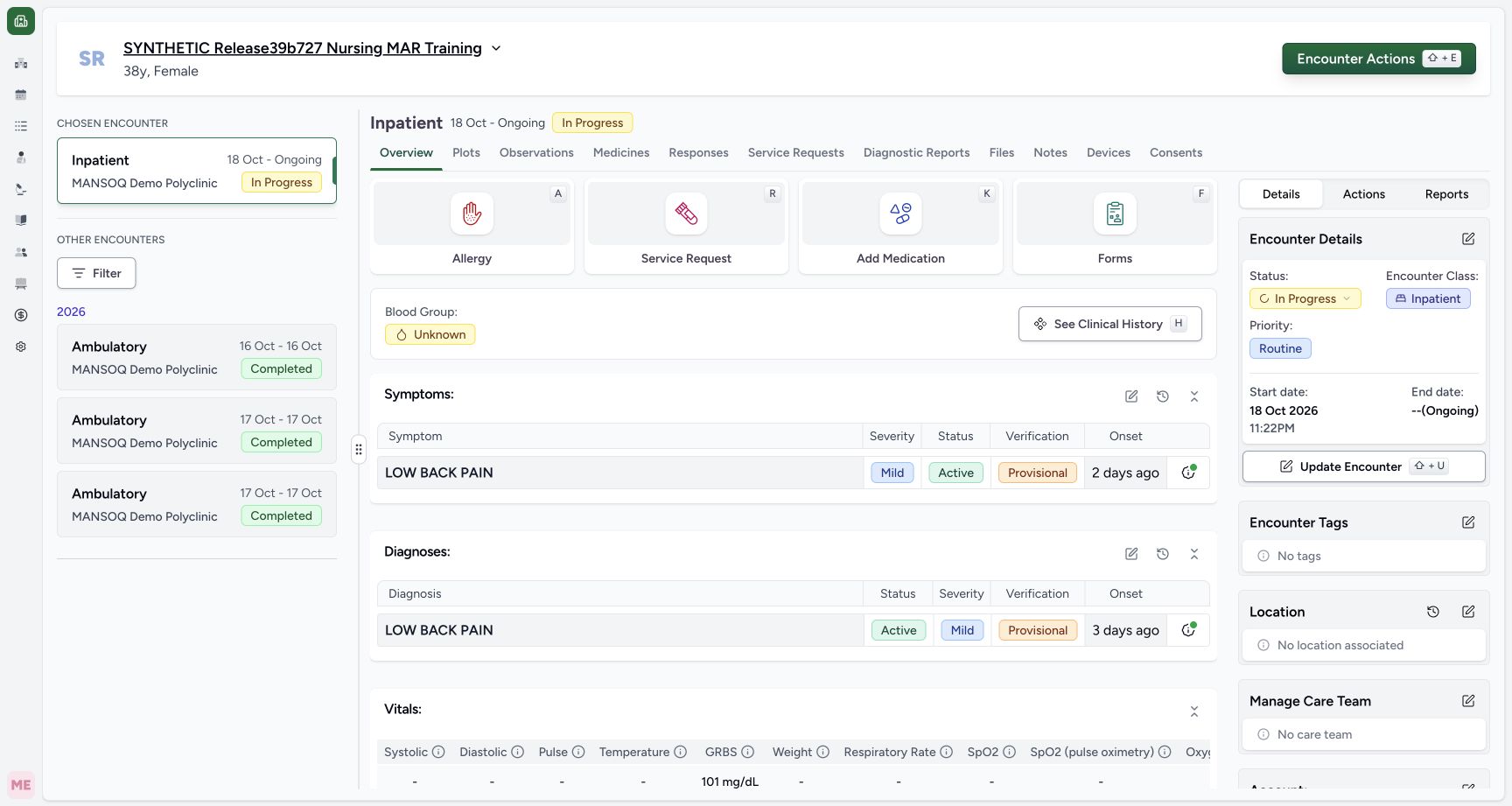 Active encounter overview in the fictional Allergy software exercise