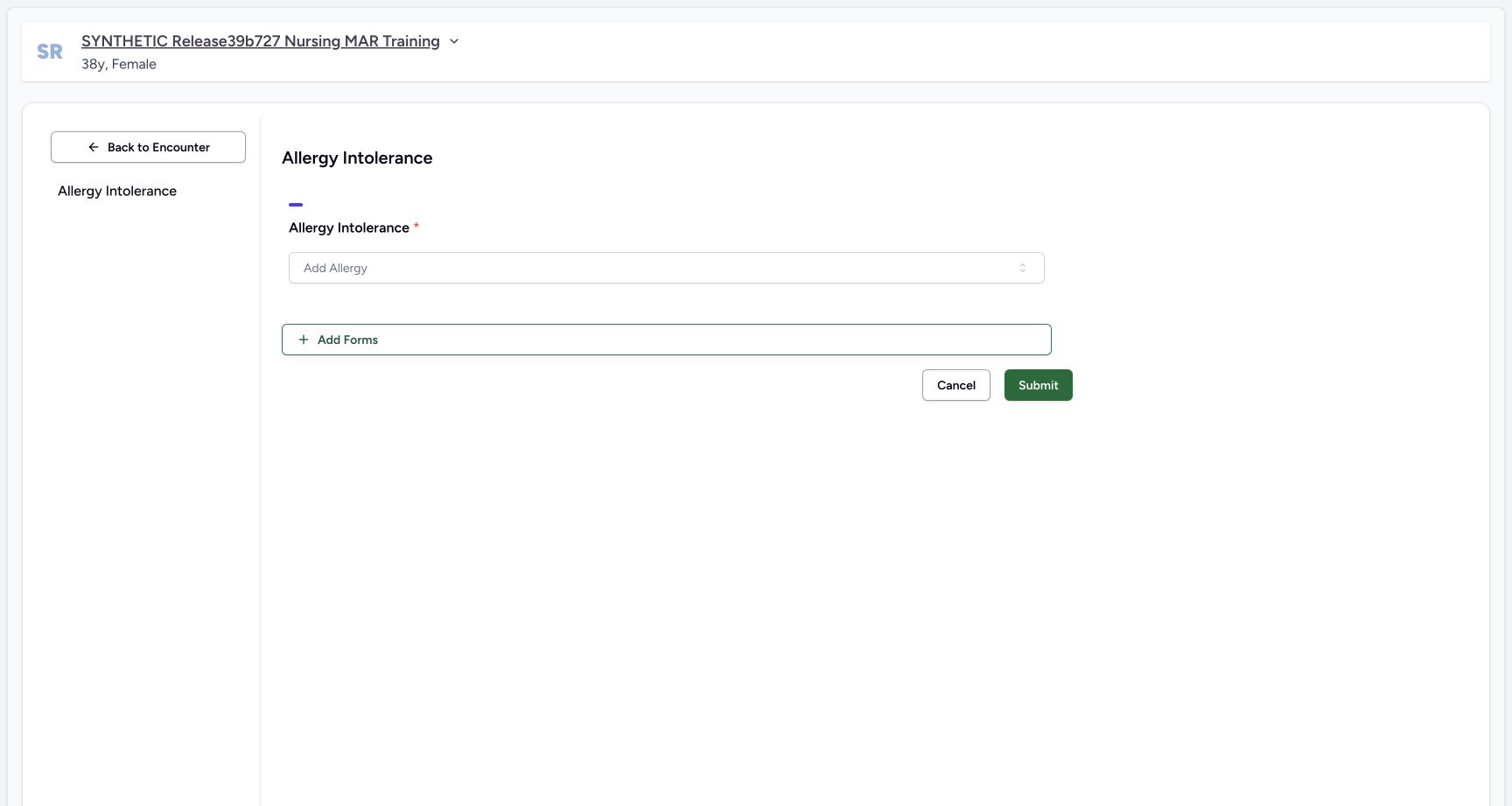 Empty allergy form in the fictional Allergy software exercise