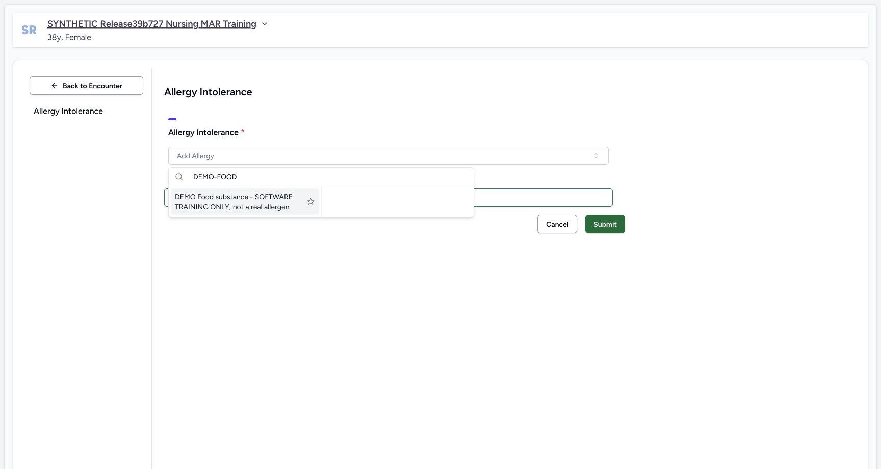 Food code search result in the fictional Allergy software exercise