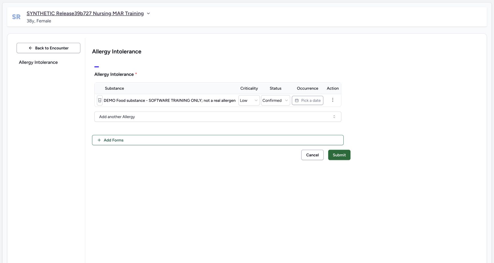 First unsaved row defaults in the fictional Allergy software exercise