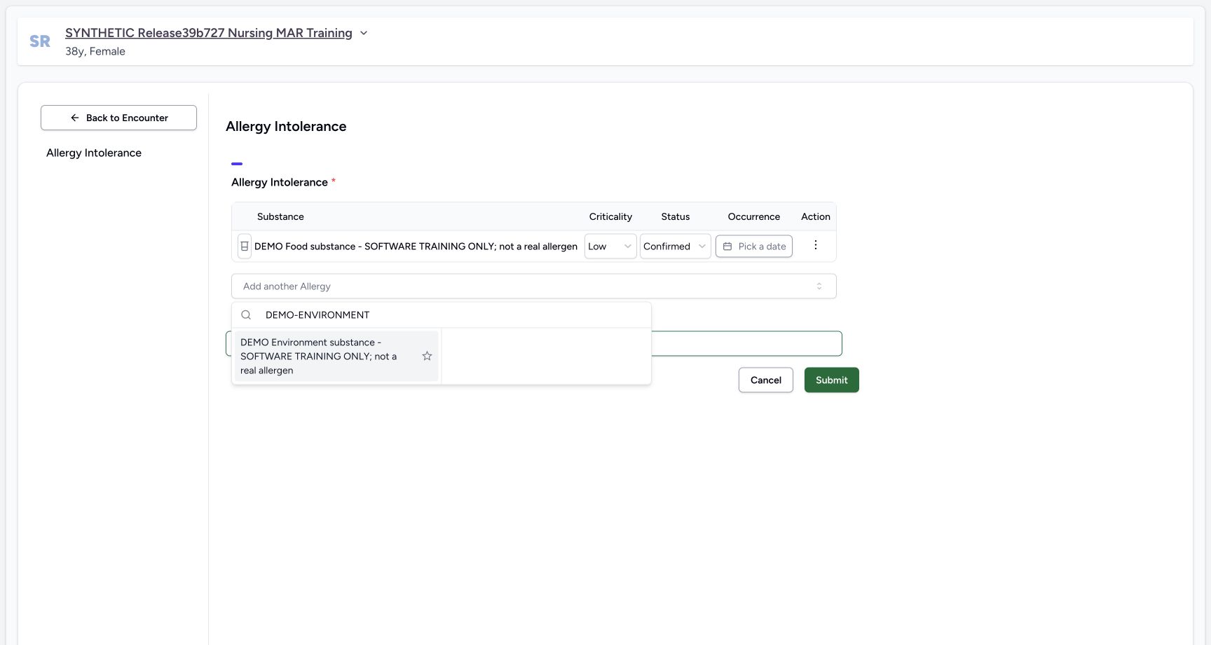 Environment code search result in the fictional Allergy software exercise