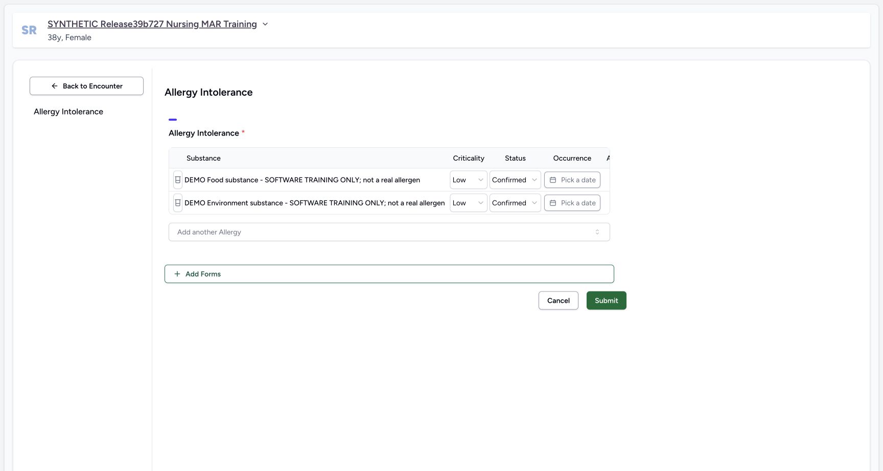 Two unsaved entries in the fictional Allergy software exercise