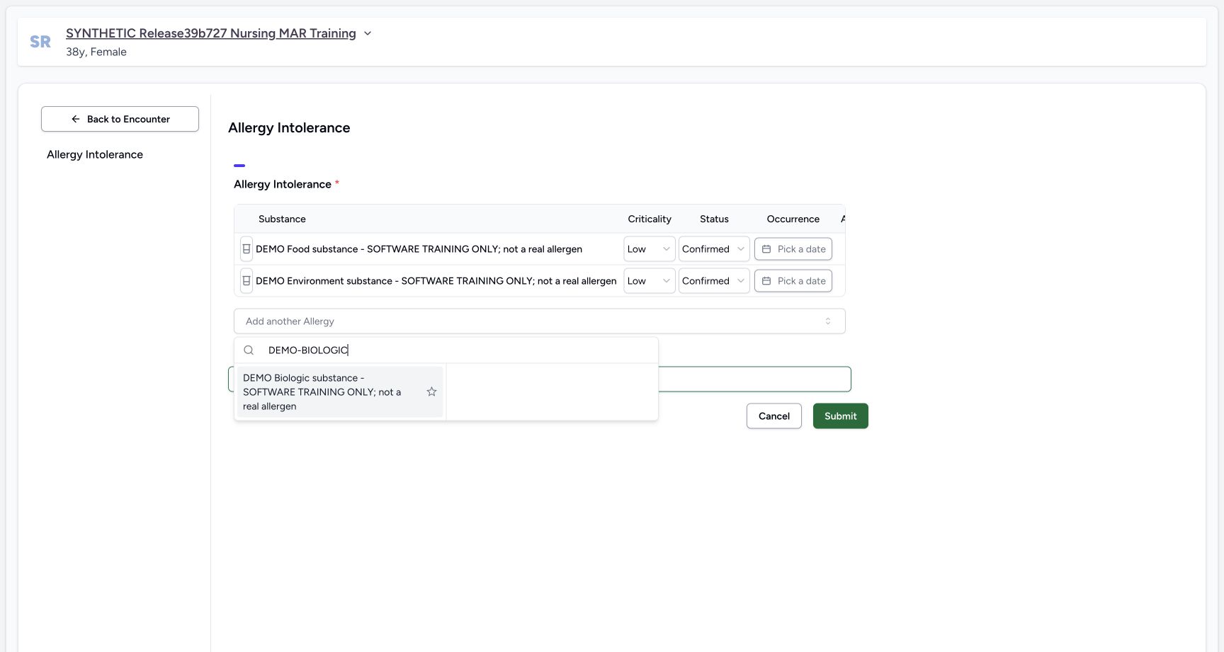 Biologic code search result in the fictional Allergy software exercise