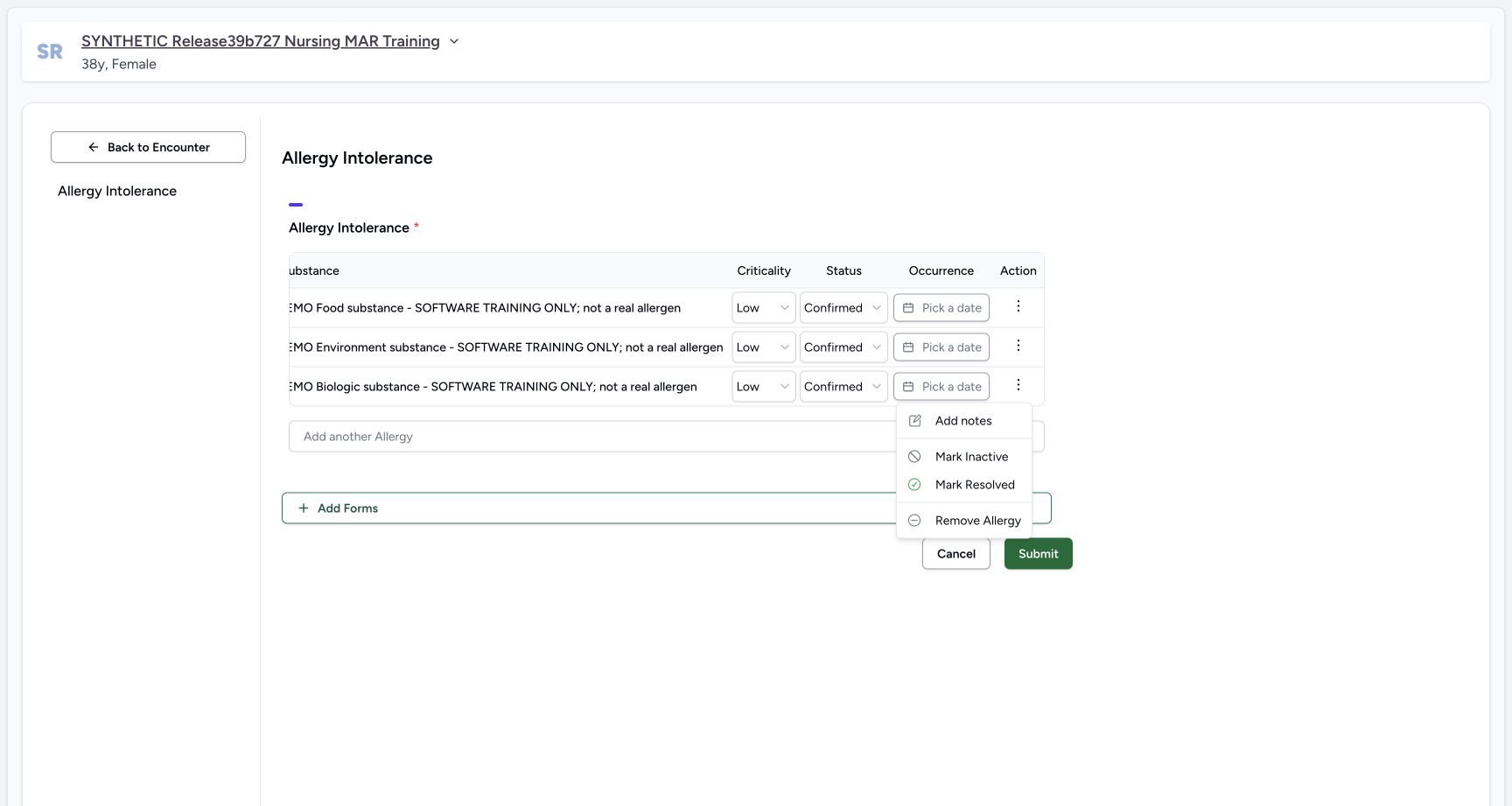 New biologic remove menu in the fictional Allergy software exercise