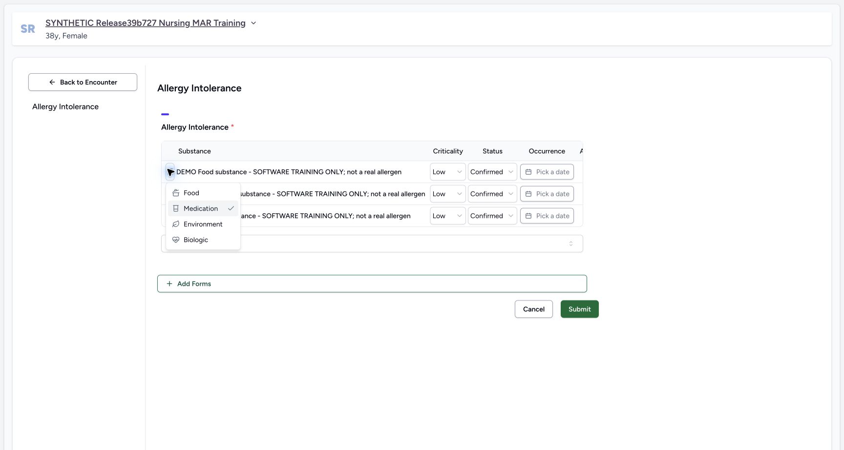 Category options in the fictional Allergy software exercise