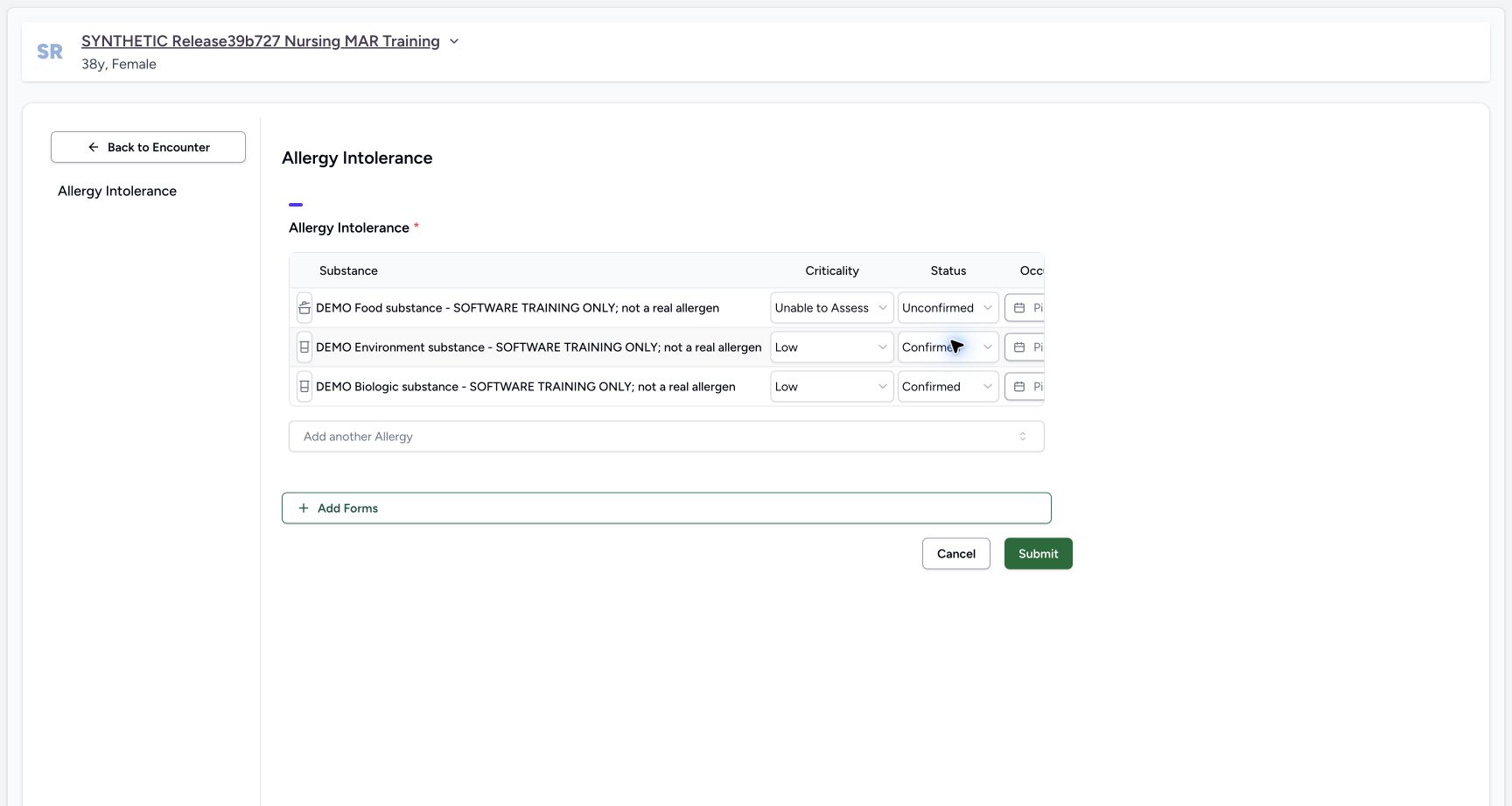 Food category and verification set in the fictional Allergy software exercise