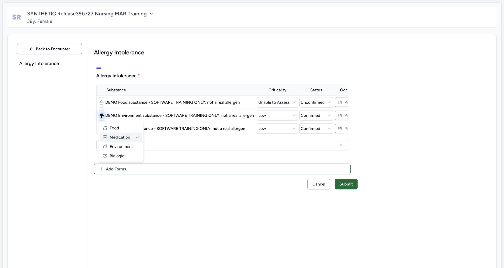 Environment category choice in the fictional Allergy software exercise