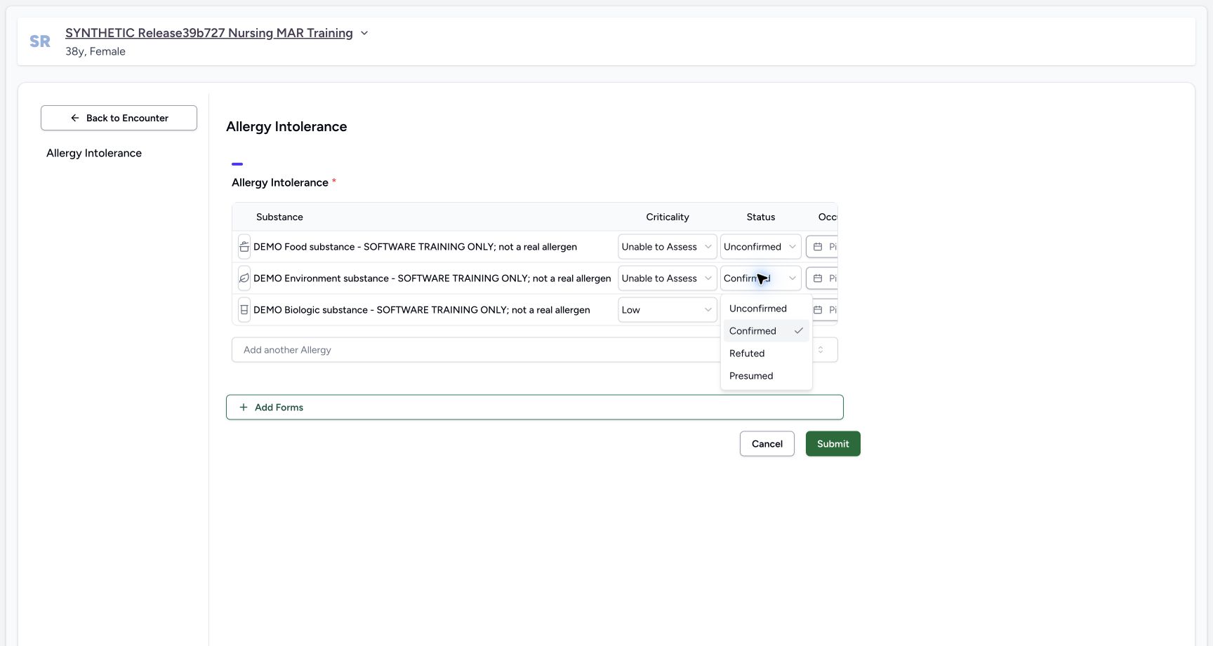 Environment verification choice in the fictional Allergy software exercise
