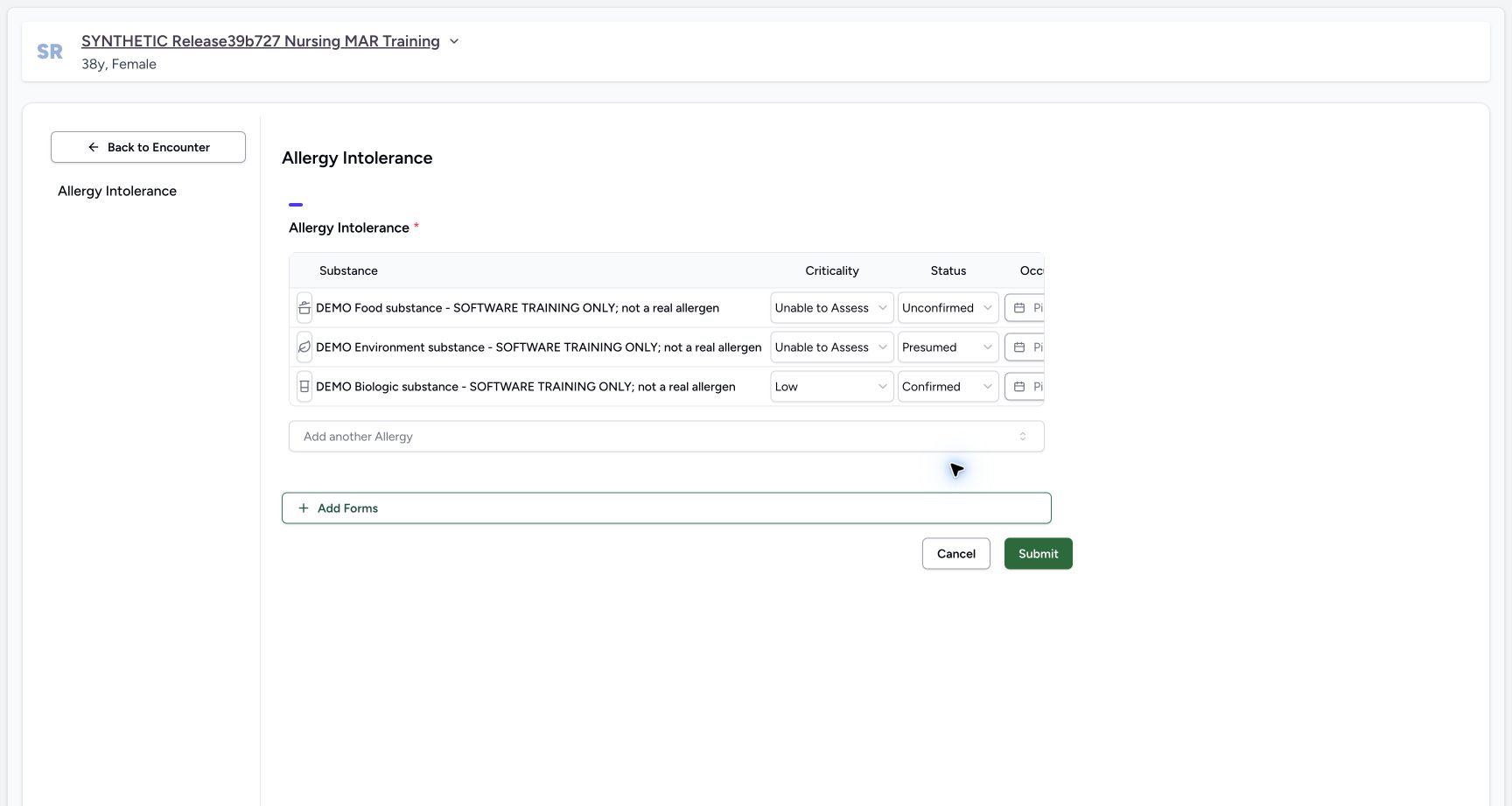 Environment fields before date in the fictional Allergy software exercise