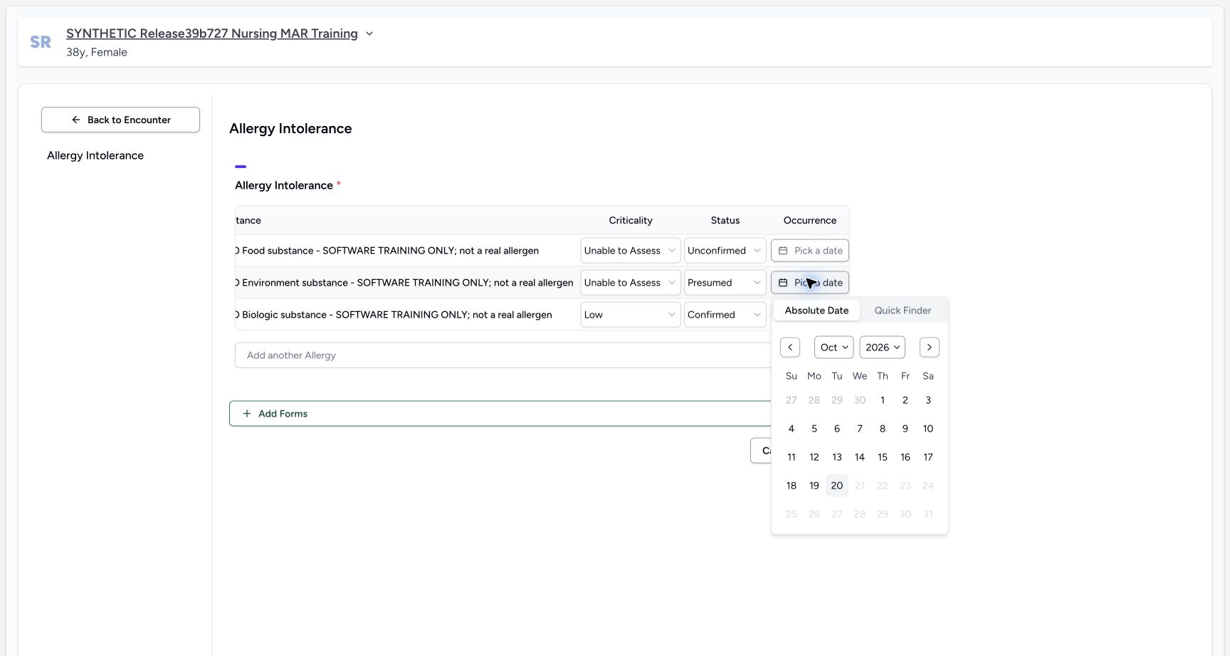 Environment occurrence calendar in the fictional Allergy software exercise