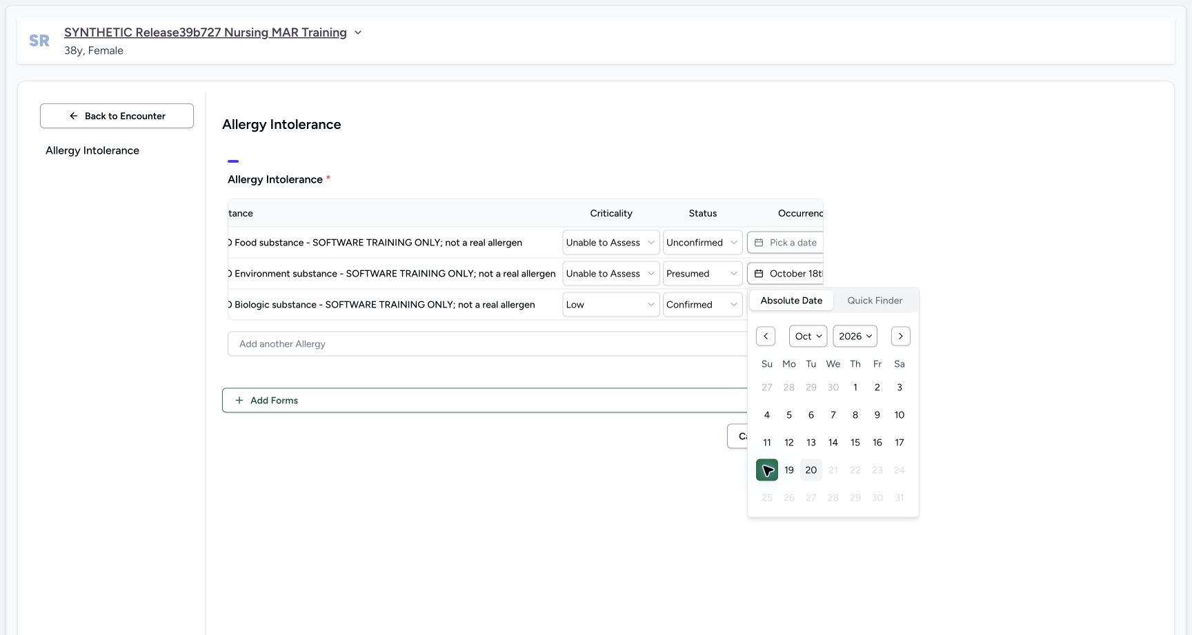 Environment date selected in the fictional Allergy software exercise