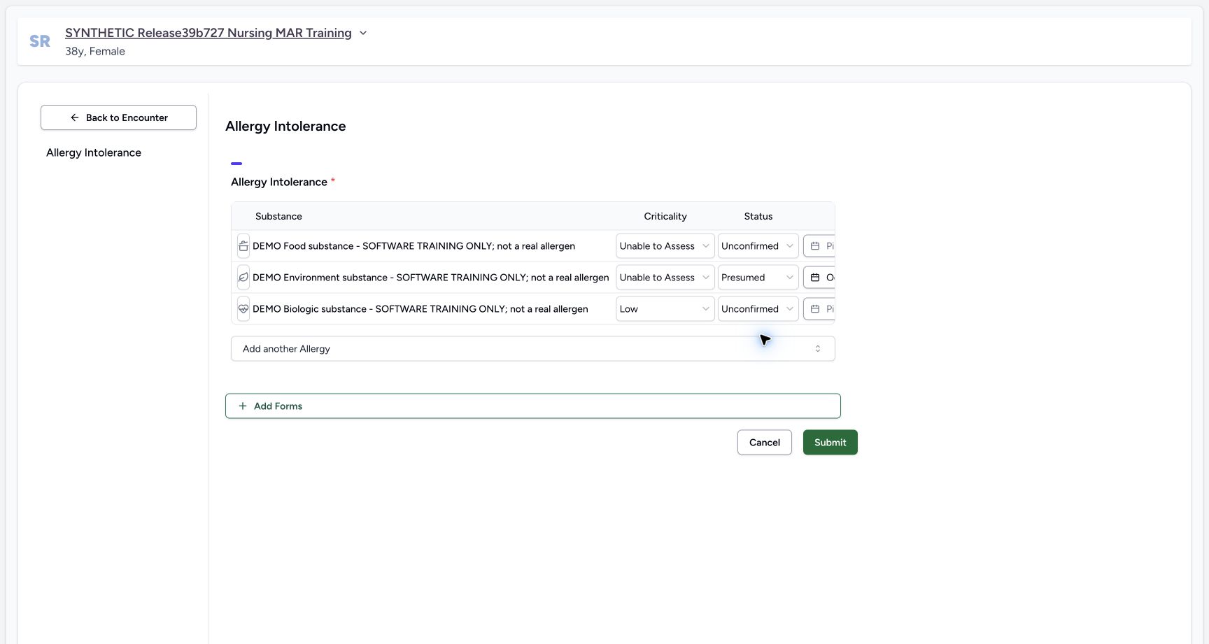 Biologic fields before date in the fictional Allergy software exercise