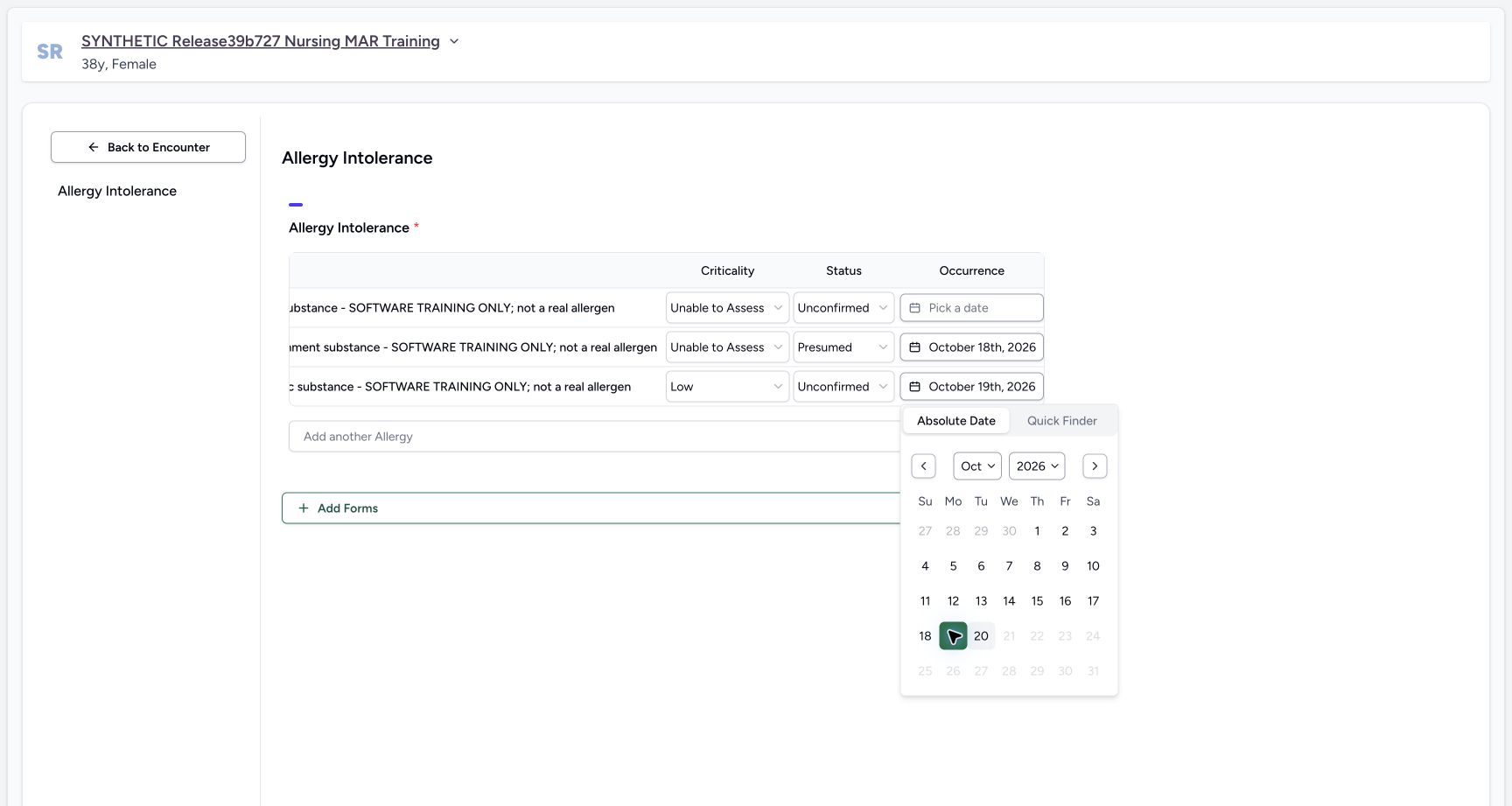 Biologic date selected in the fictional Allergy software exercise