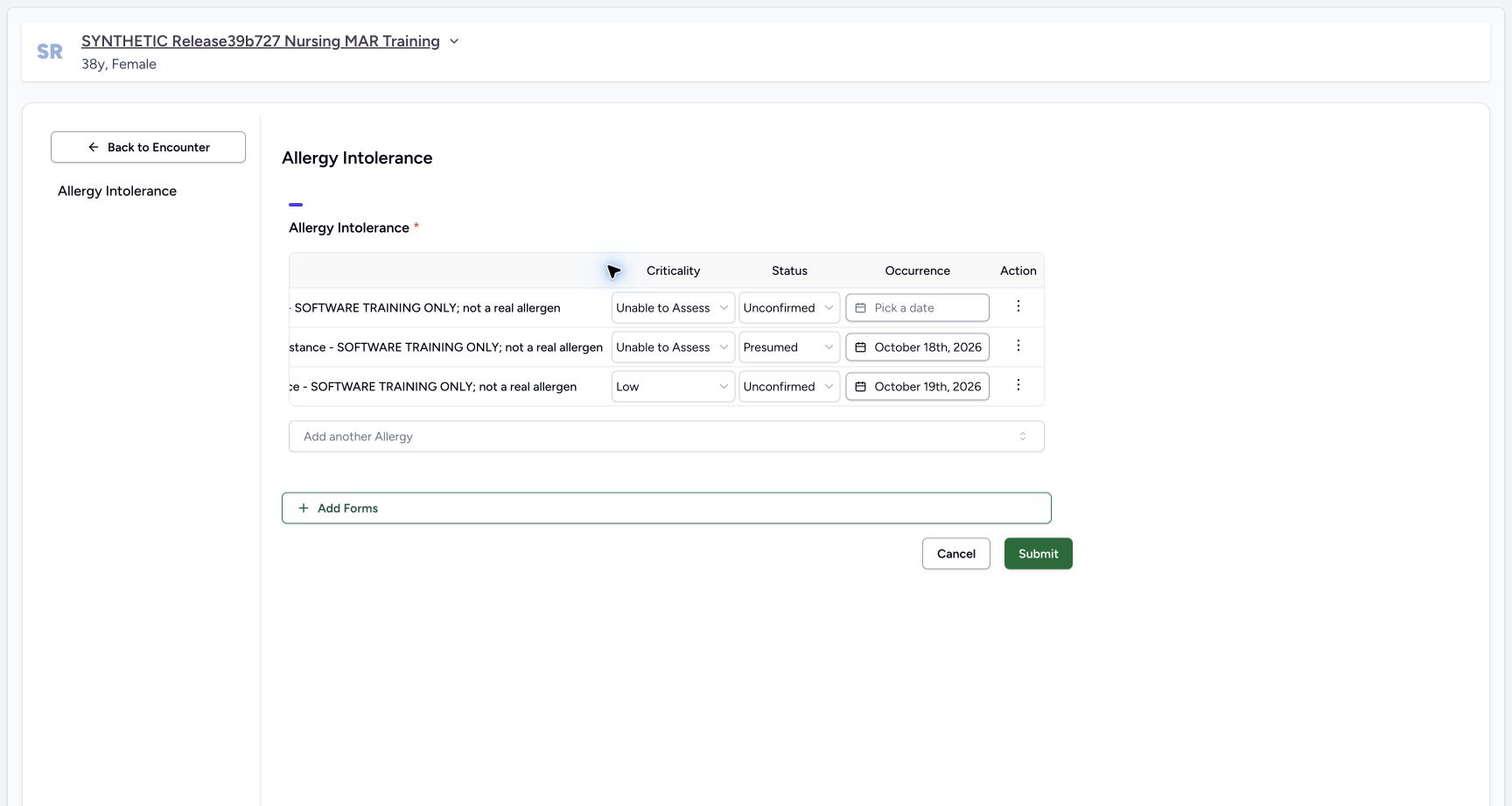 Row actions before notes in the fictional Allergy software exercise