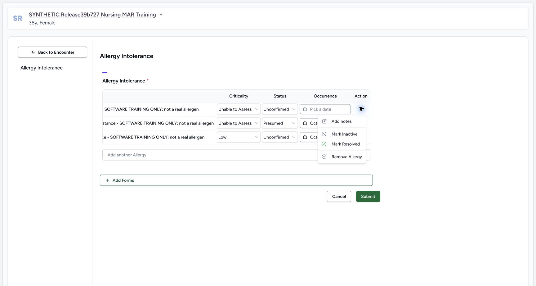 Food add notes menu in the fictional Allergy software exercise