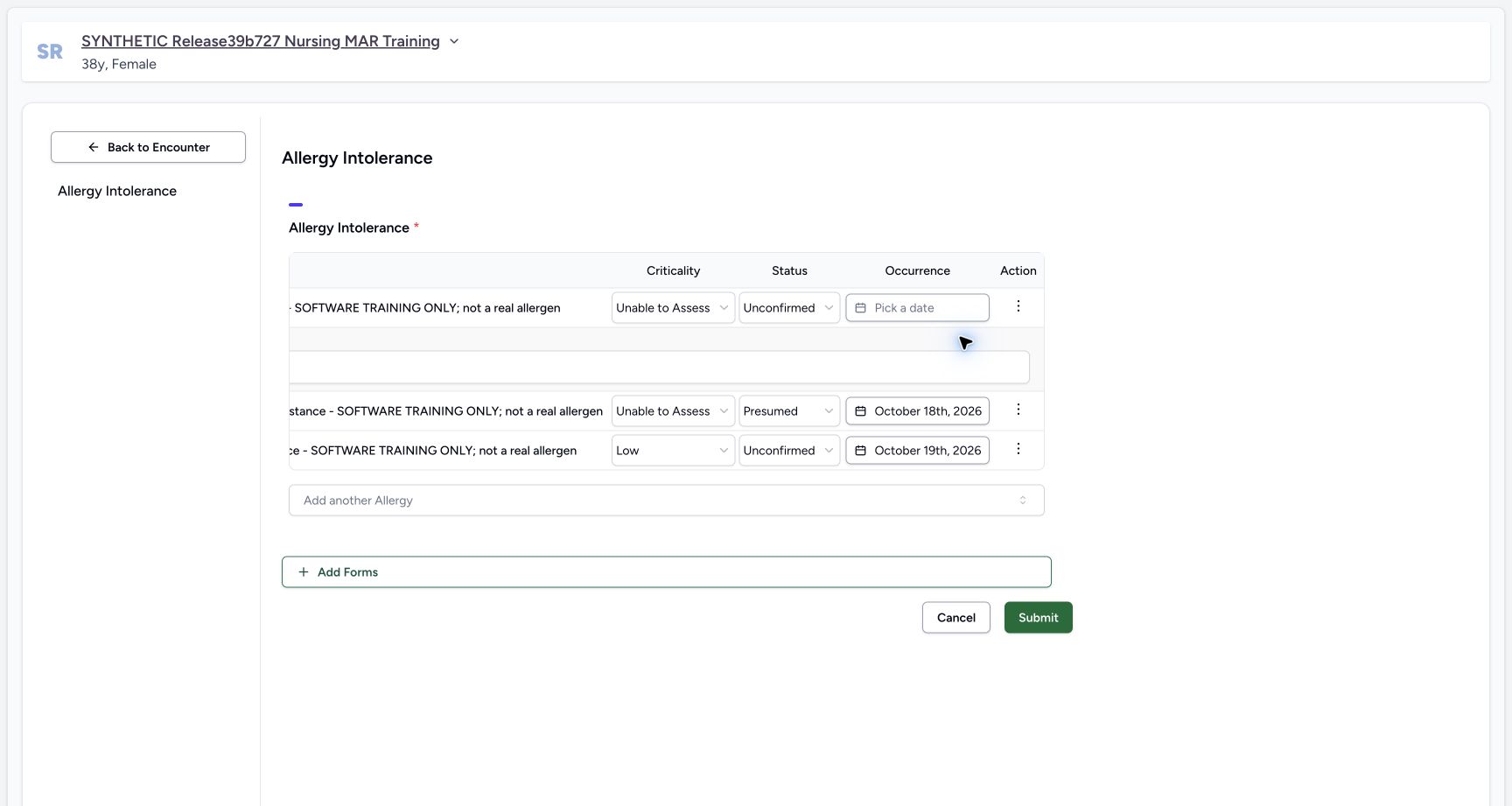 Food note field open in the fictional Allergy software exercise