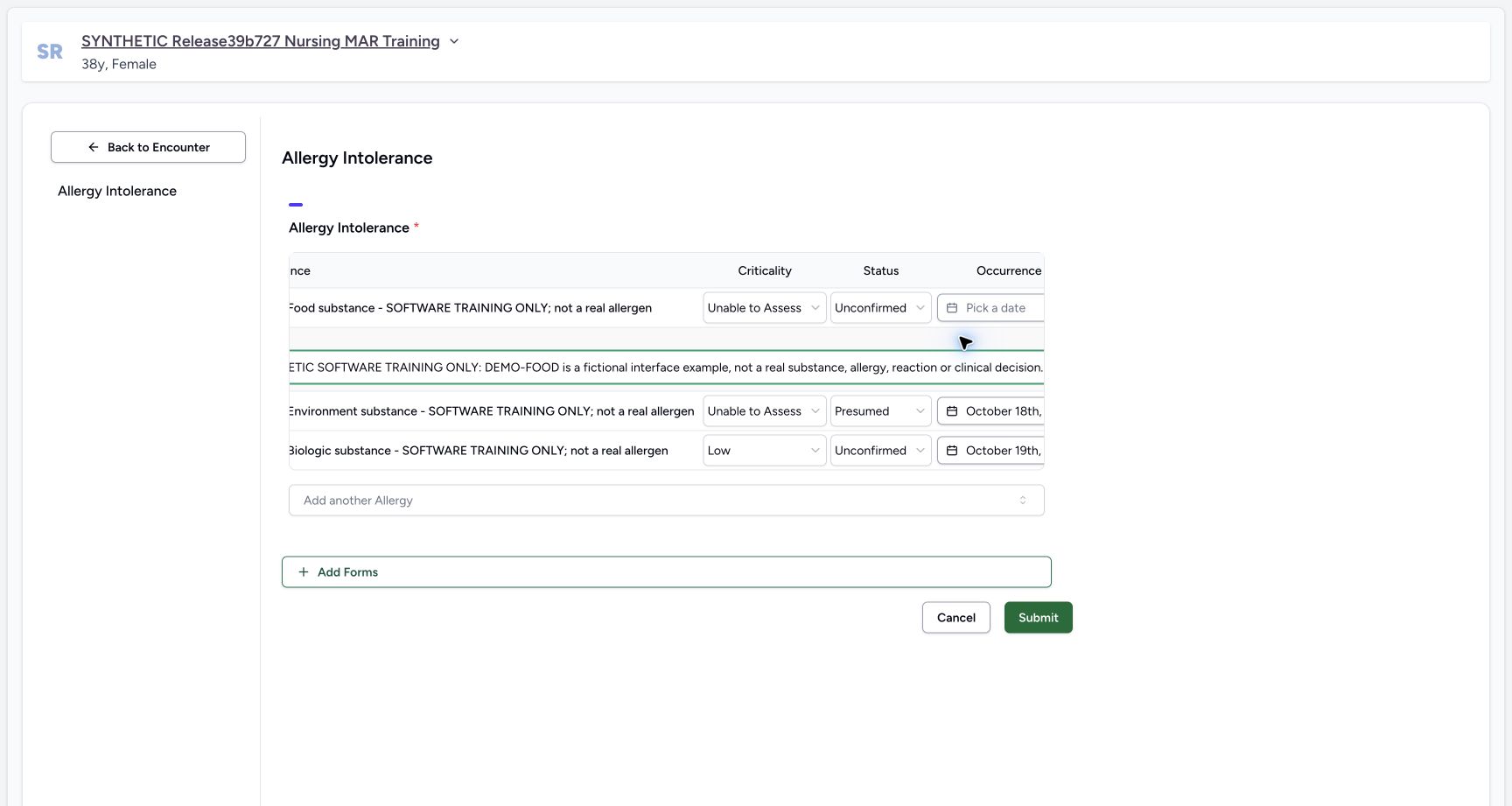 Food note complete in the fictional Allergy software exercise
