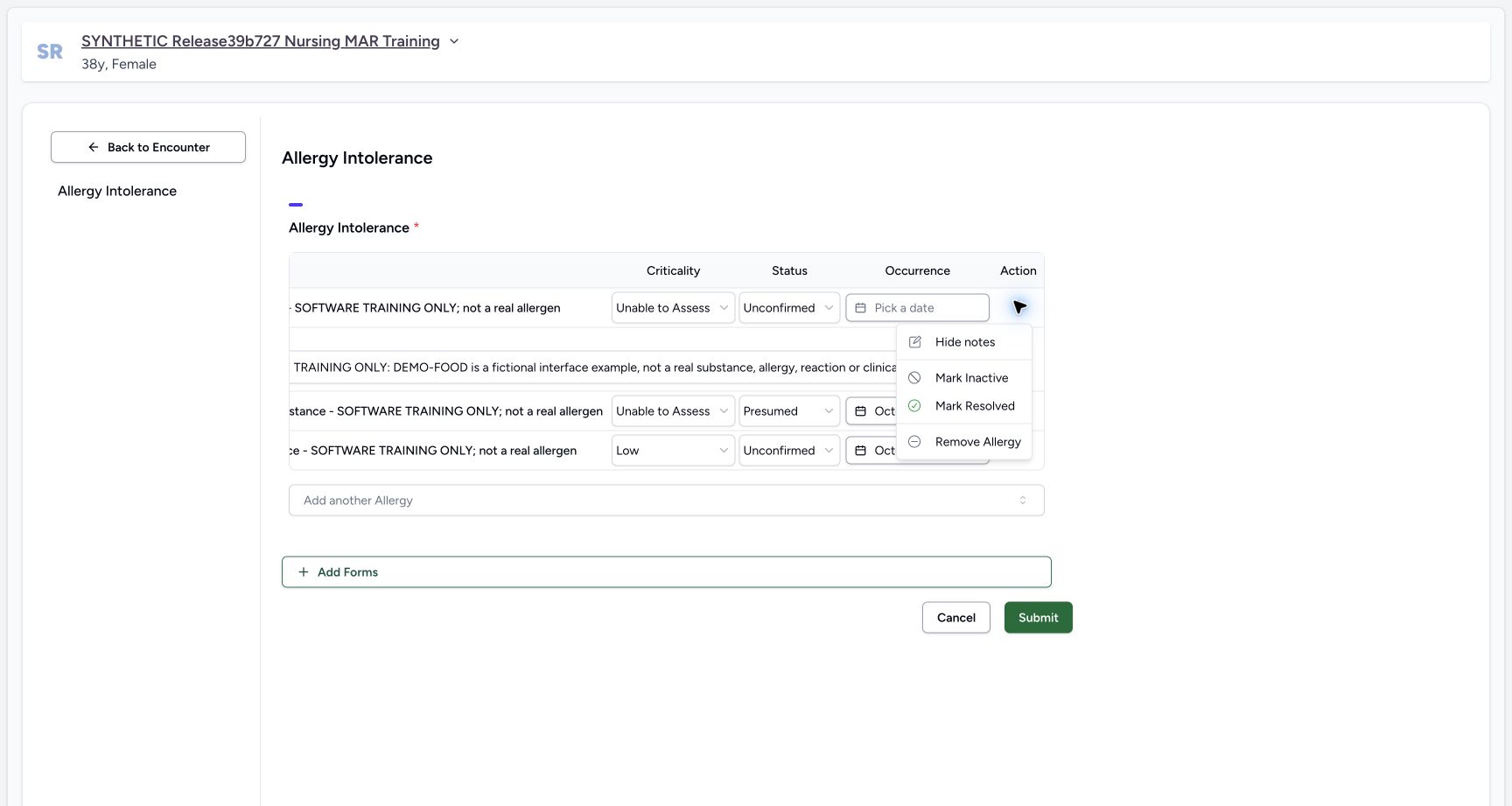 Food hide notes menu in the fictional Allergy software exercise