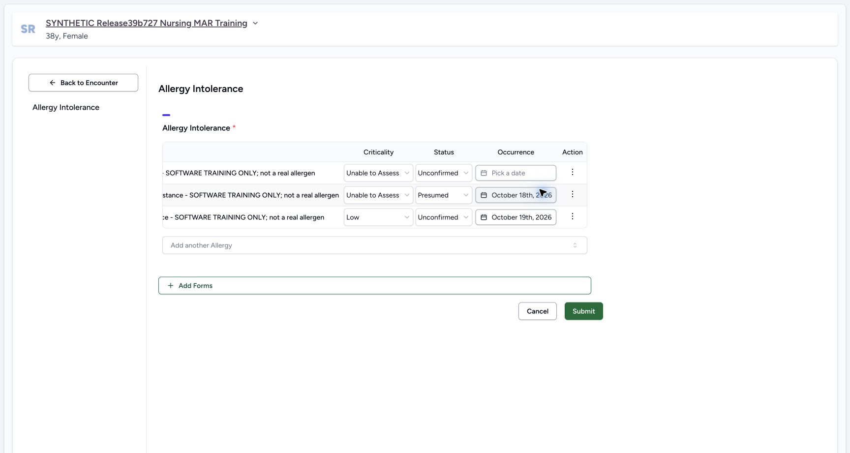 Food note hidden with Actions menu closed in the fictional Allergy software exercise