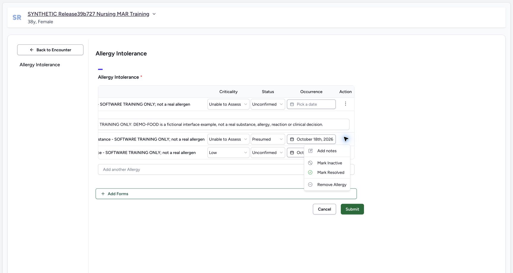 Environment add notes menu in the fictional Allergy software exercise