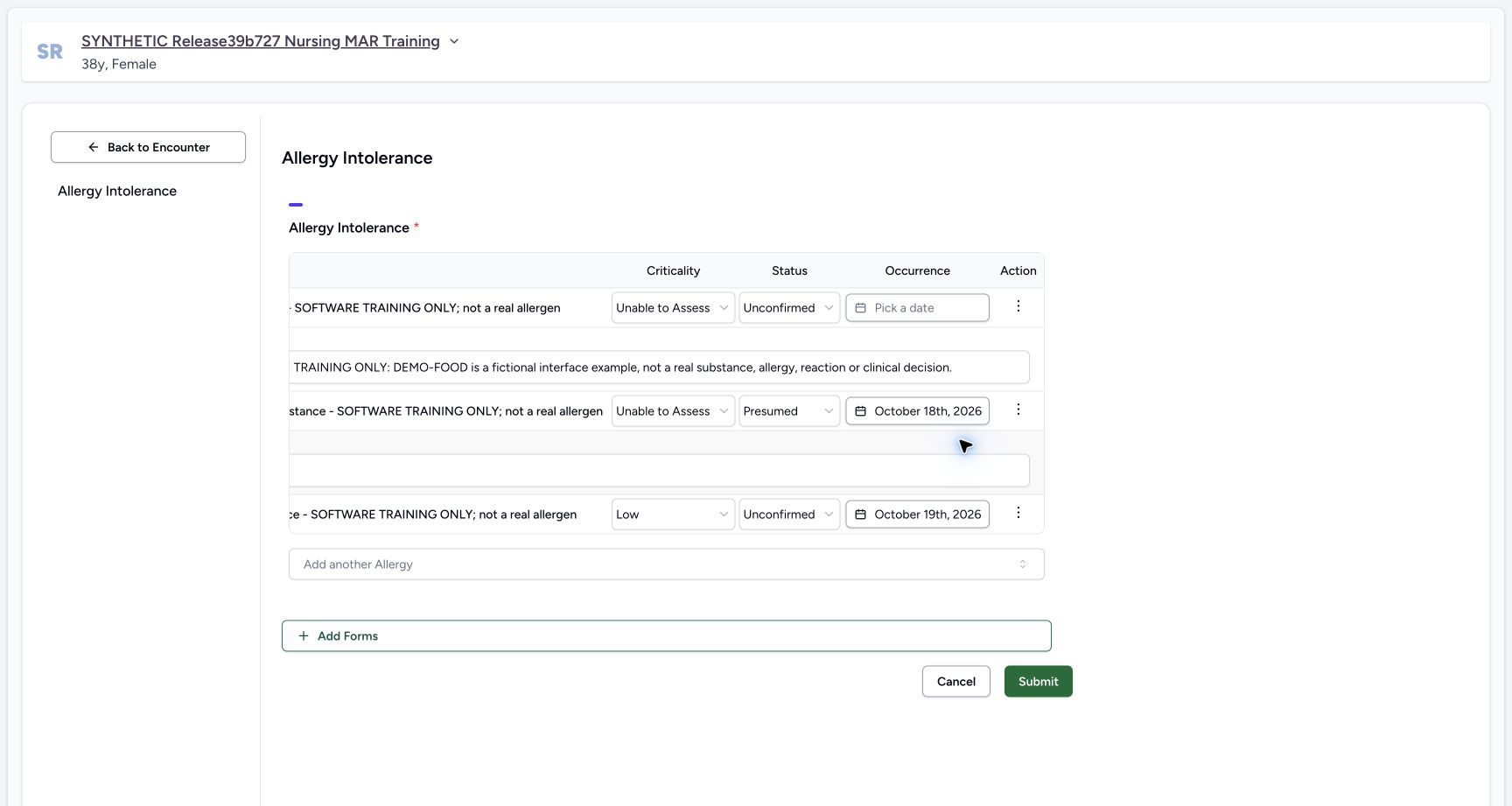Environment note field open in the fictional Allergy software exercise