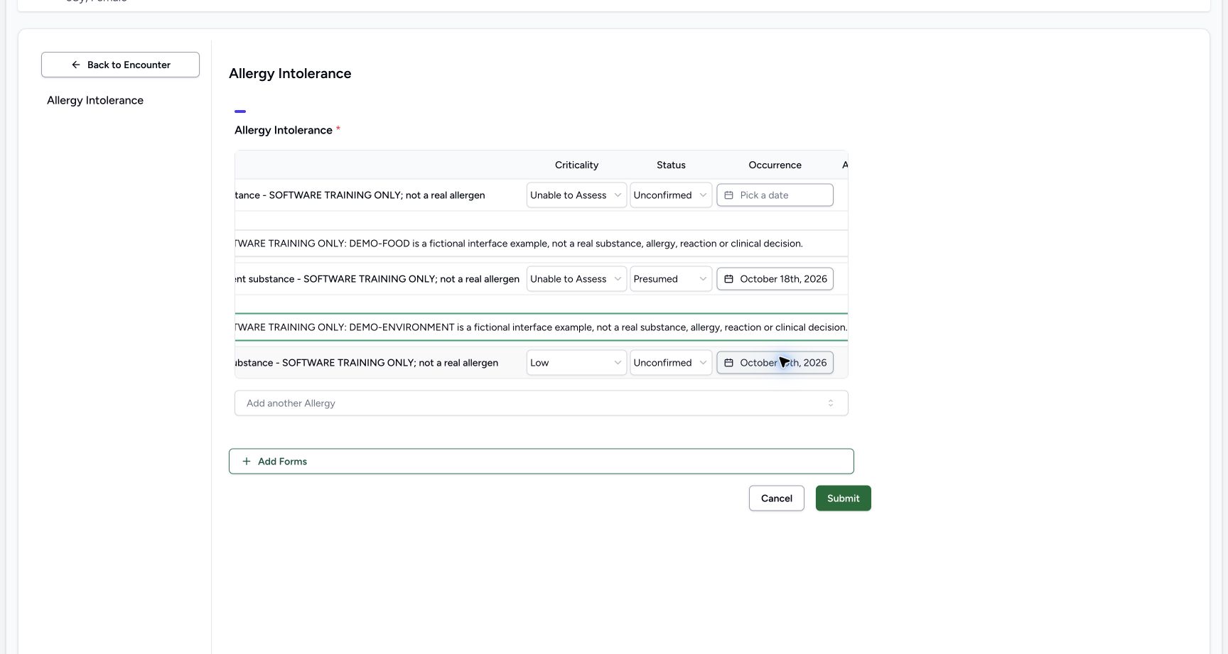 Environment note complete in the fictional Allergy software exercise