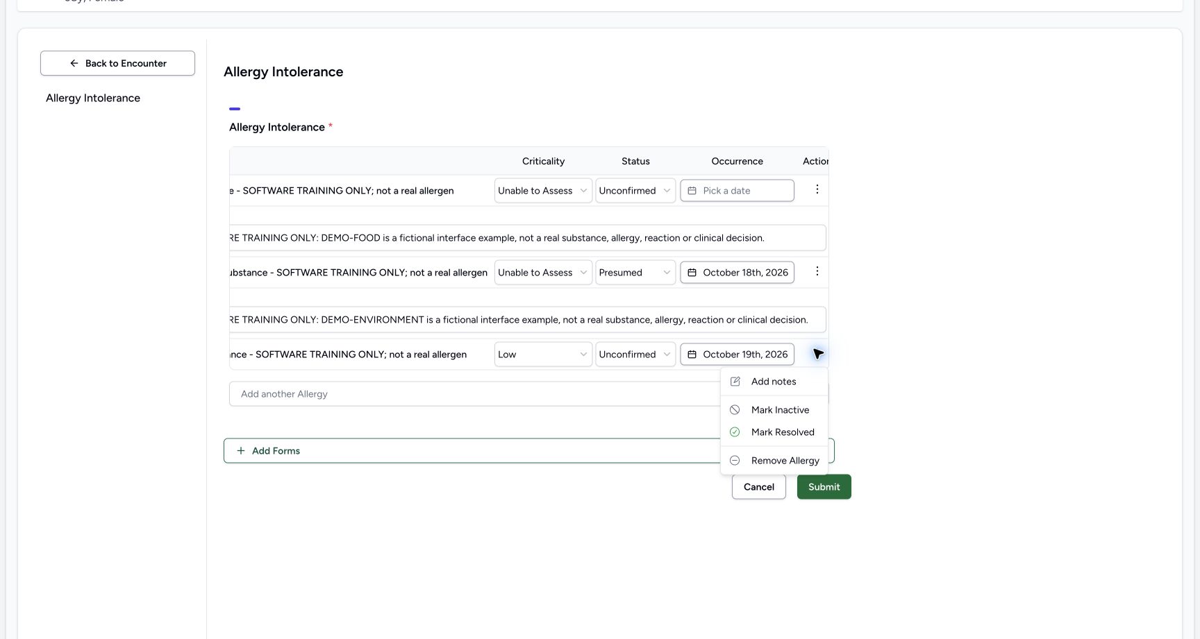 Biologic add notes menu in the fictional Allergy software exercise