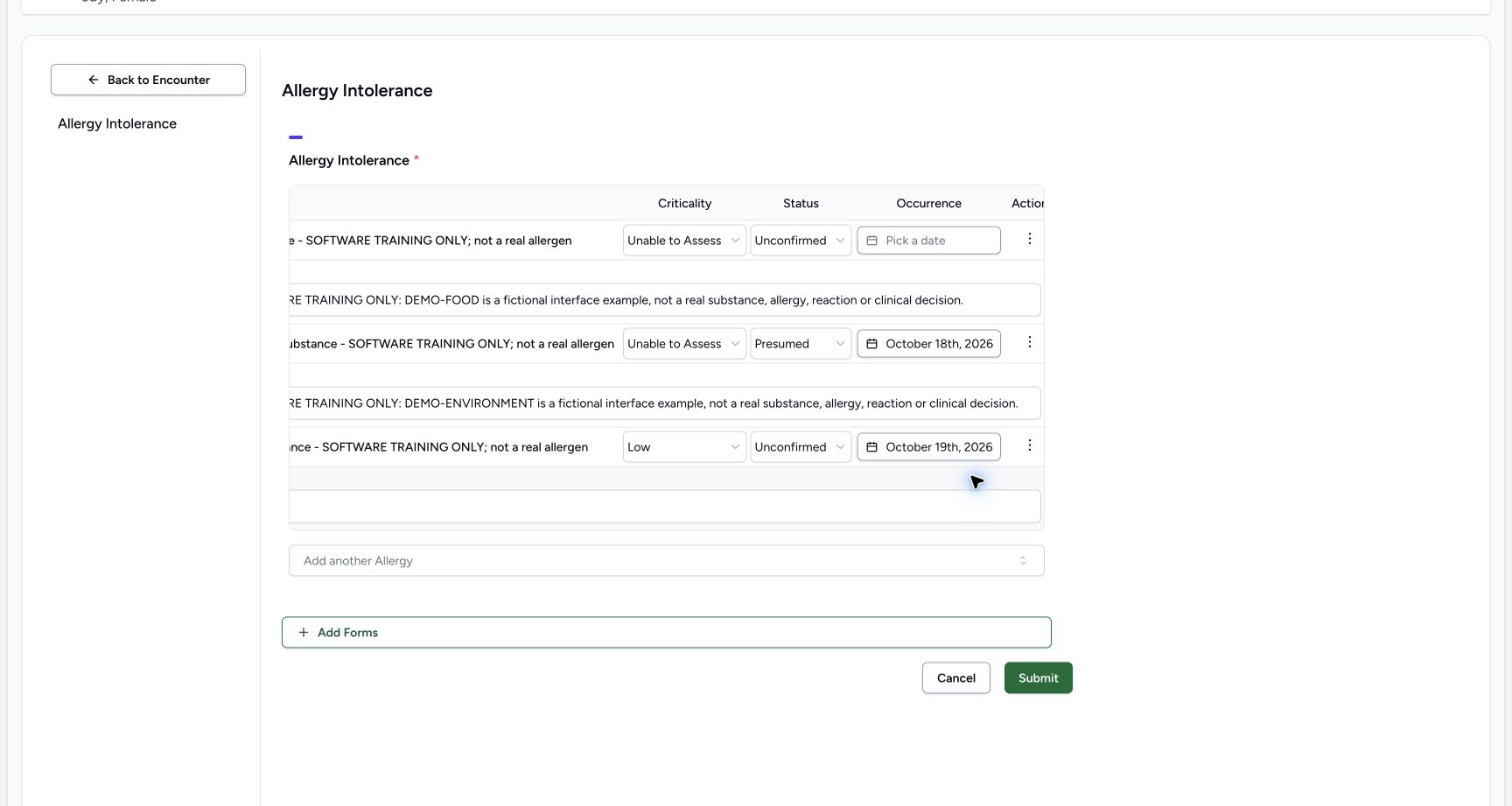 Biologic note field open in the fictional Allergy software exercise