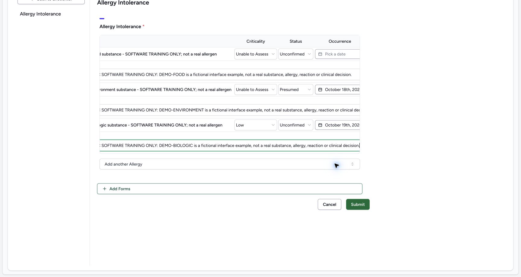 Biologic note complete in the fictional Allergy software exercise