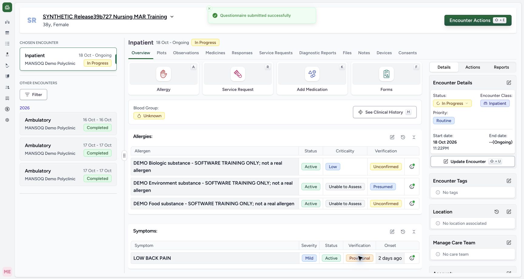 Created success overview in the fictional Allergy software exercise