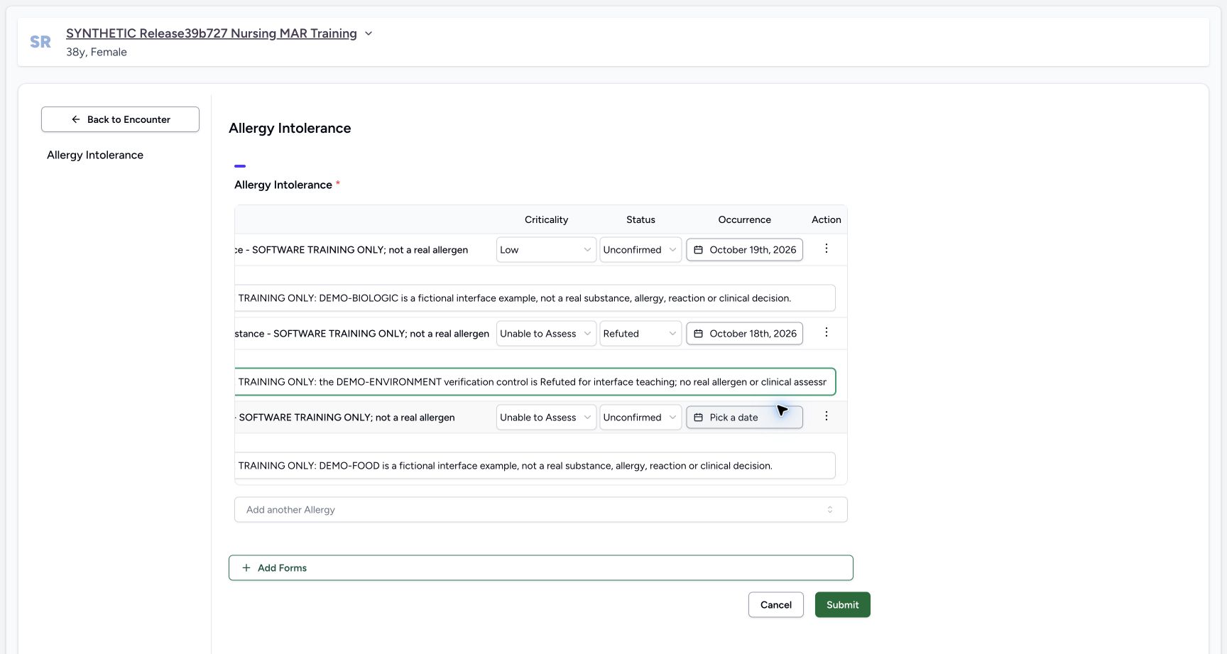 Doctor environment correction note in the fictional Allergy software exercise