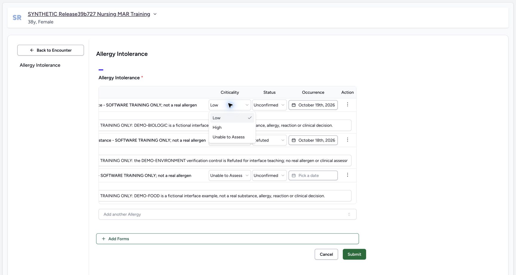 Doctor update criticality choice in the fictional Allergy software exercise