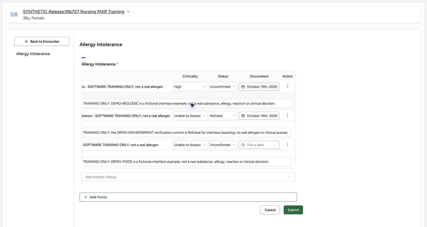 Doctor update high set in the fictional Allergy software exercise