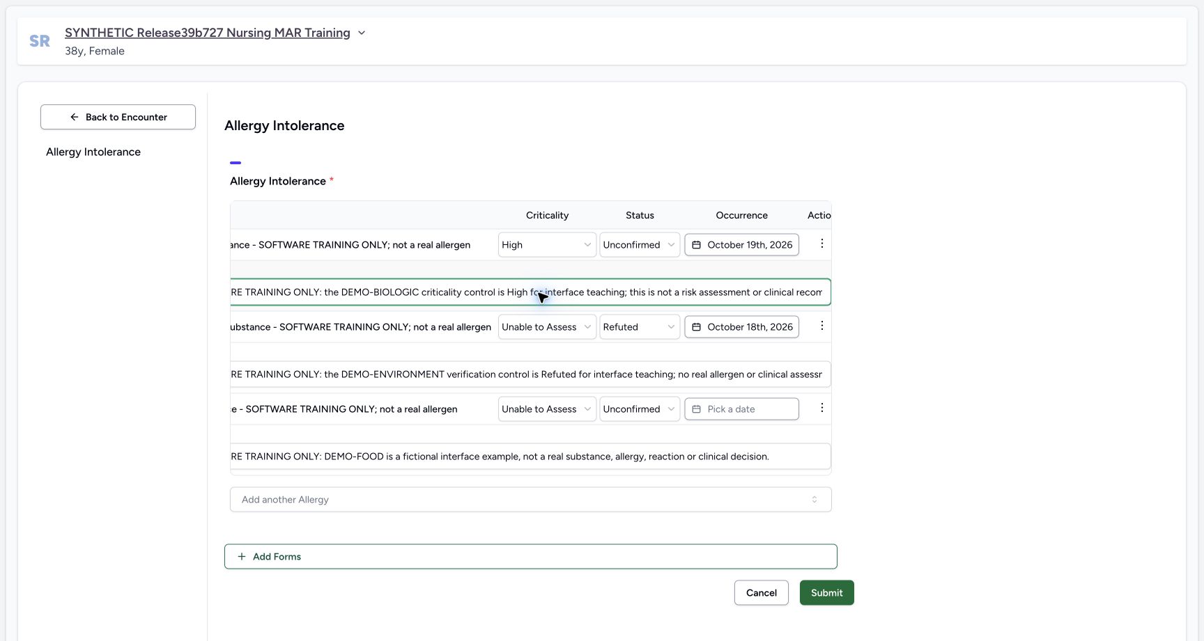 Doctor biologic correction note in the fictional Allergy software exercise