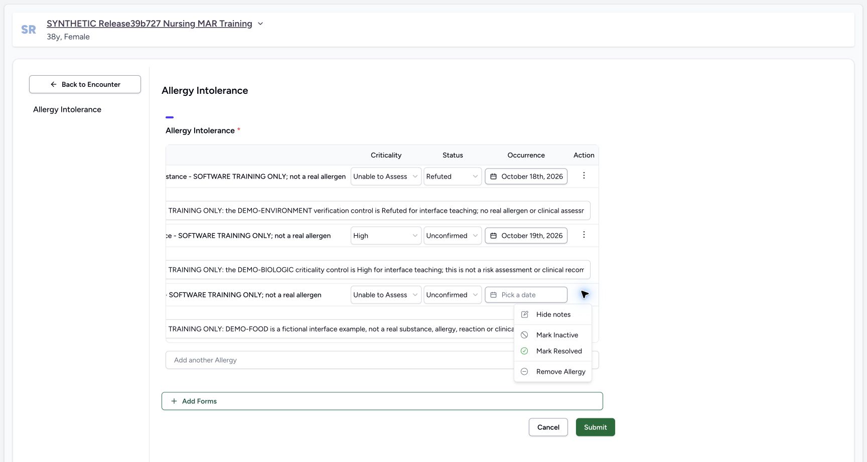 Doctor existing food remove menu in the fictional Allergy software exercise