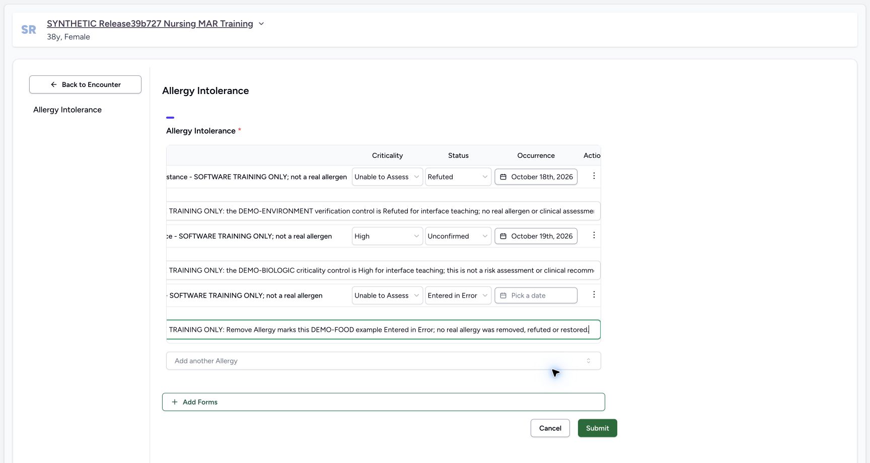 Doctor food error correction note in the fictional Allergy software exercise