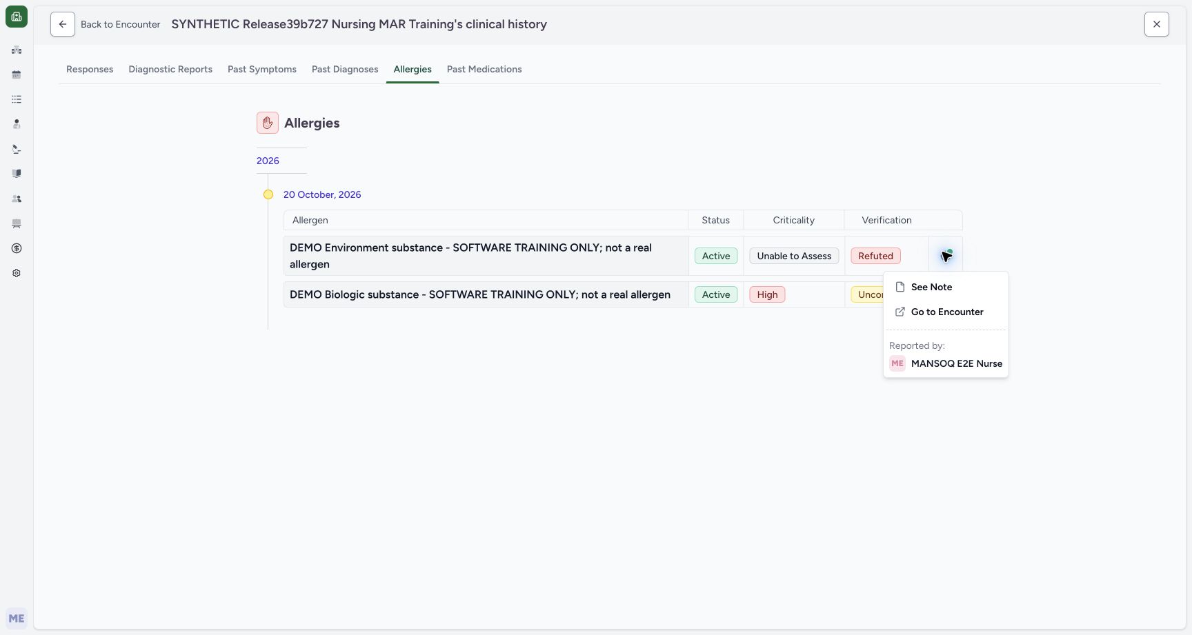 Final history reporter and encounter menu in the fictional Allergy software exercise