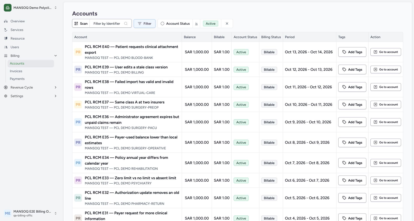 Review the default Active account list. Actual synthetic Billing Officer desktop lesson.