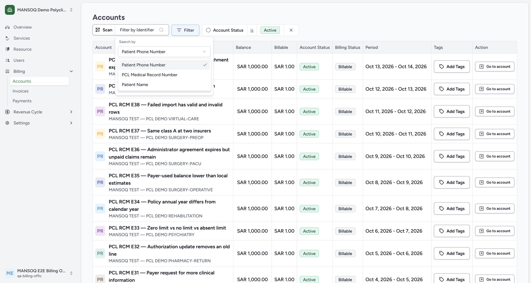 Choose Patient Name for account search. Actual synthetic Billing Officer desktop lesson.