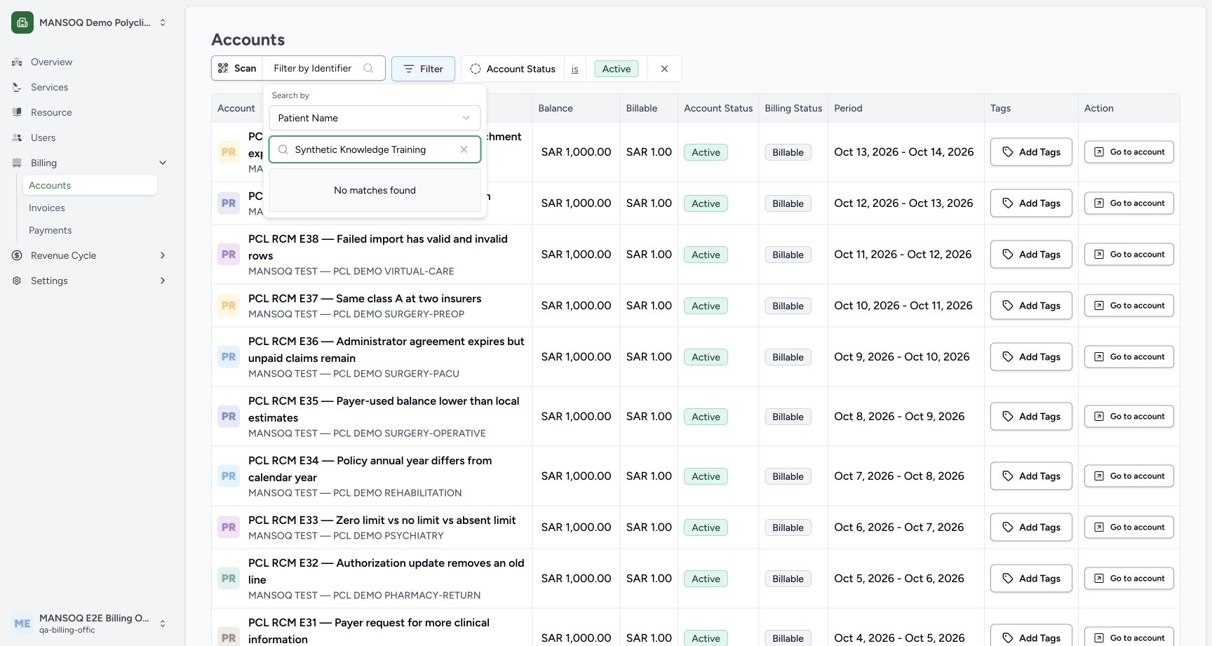 Patient-name lookup shows No matches found. Actual synthetic Billing Officer desktop lesson.