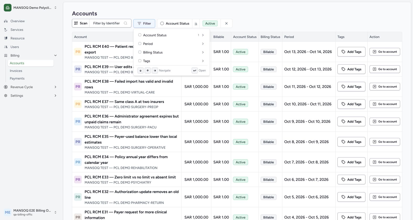 Inspect the account filters. Actual synthetic Billing Officer desktop lesson.