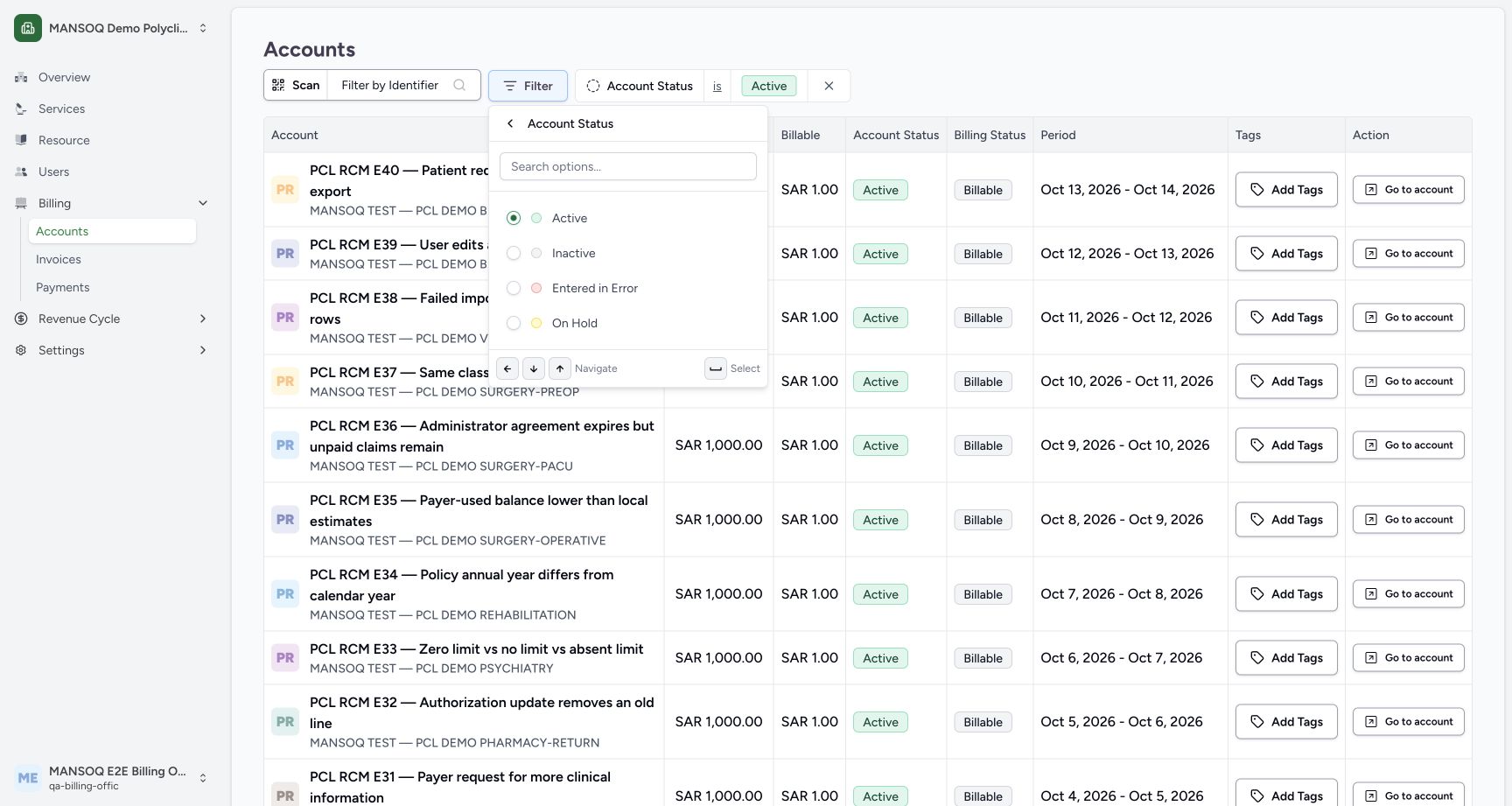 Choose the Inactive account filter. Actual synthetic Billing Officer desktop lesson.