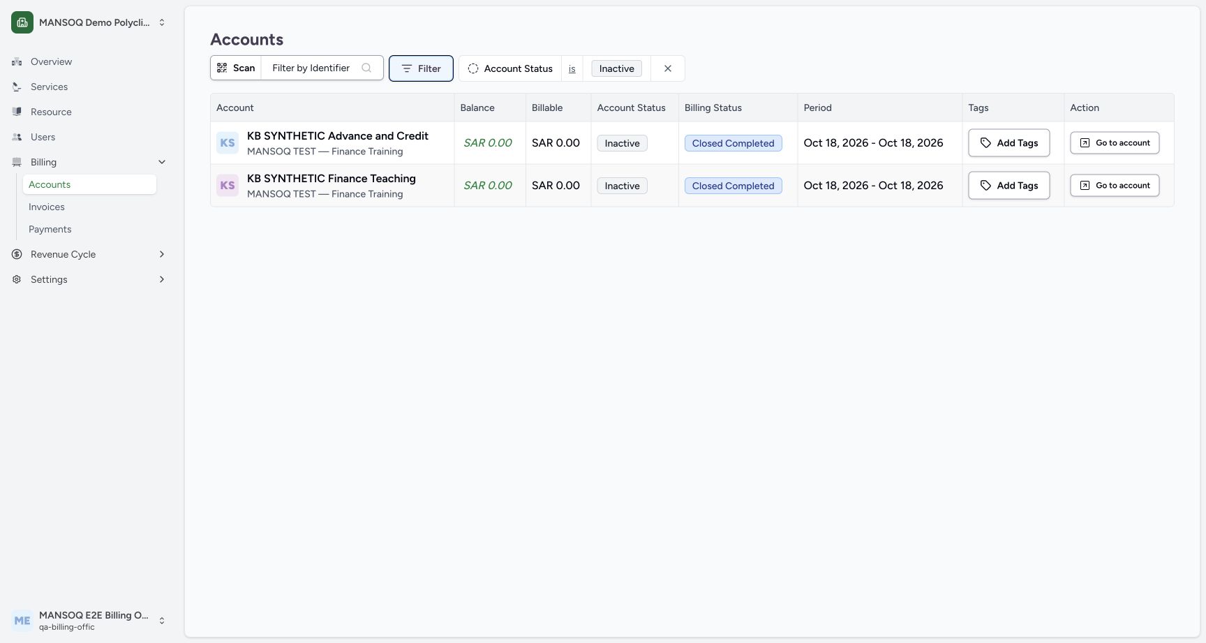 Review Inactive results and clear the filter. Actual synthetic Billing Officer desktop lesson.