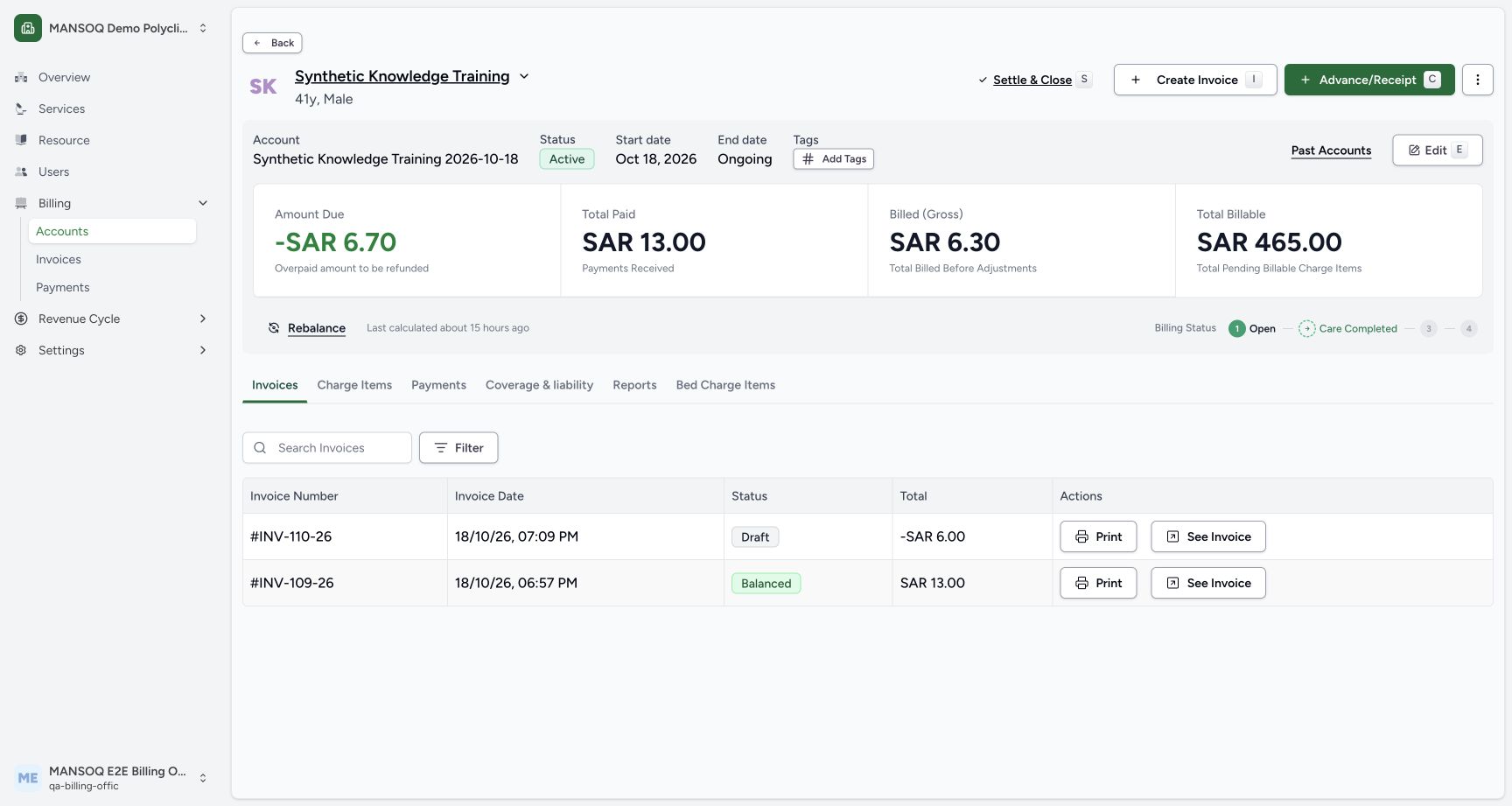 Read the account identity and separate summary amounts. Actual synthetic Billing Officer desktop lesson.