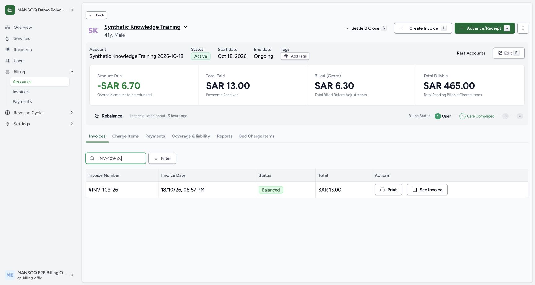 Find the saved Balanced invoice. Actual synthetic Billing Officer desktop lesson.