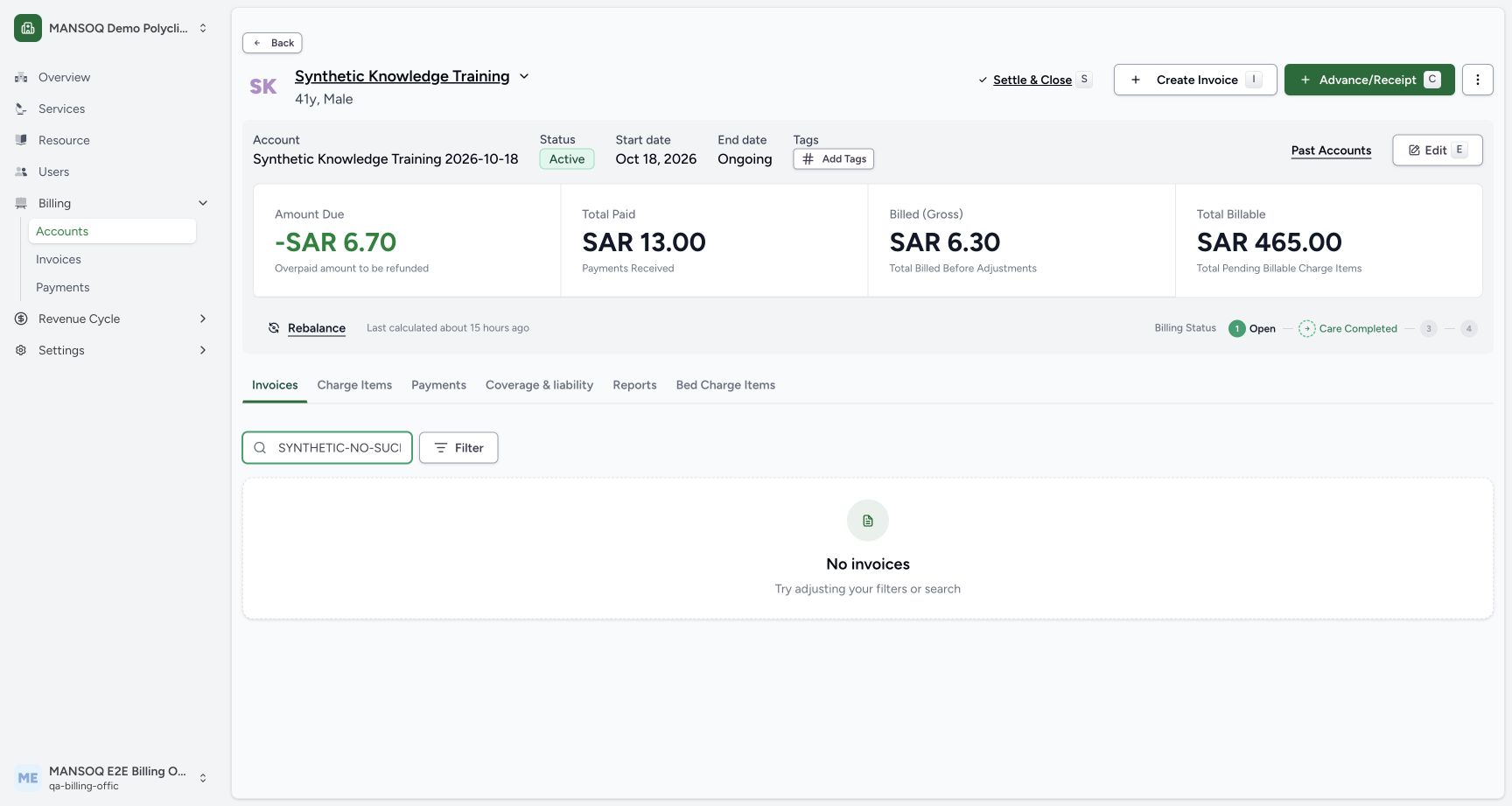 Recognize a search with no matching invoice. Actual synthetic Billing Officer desktop lesson.