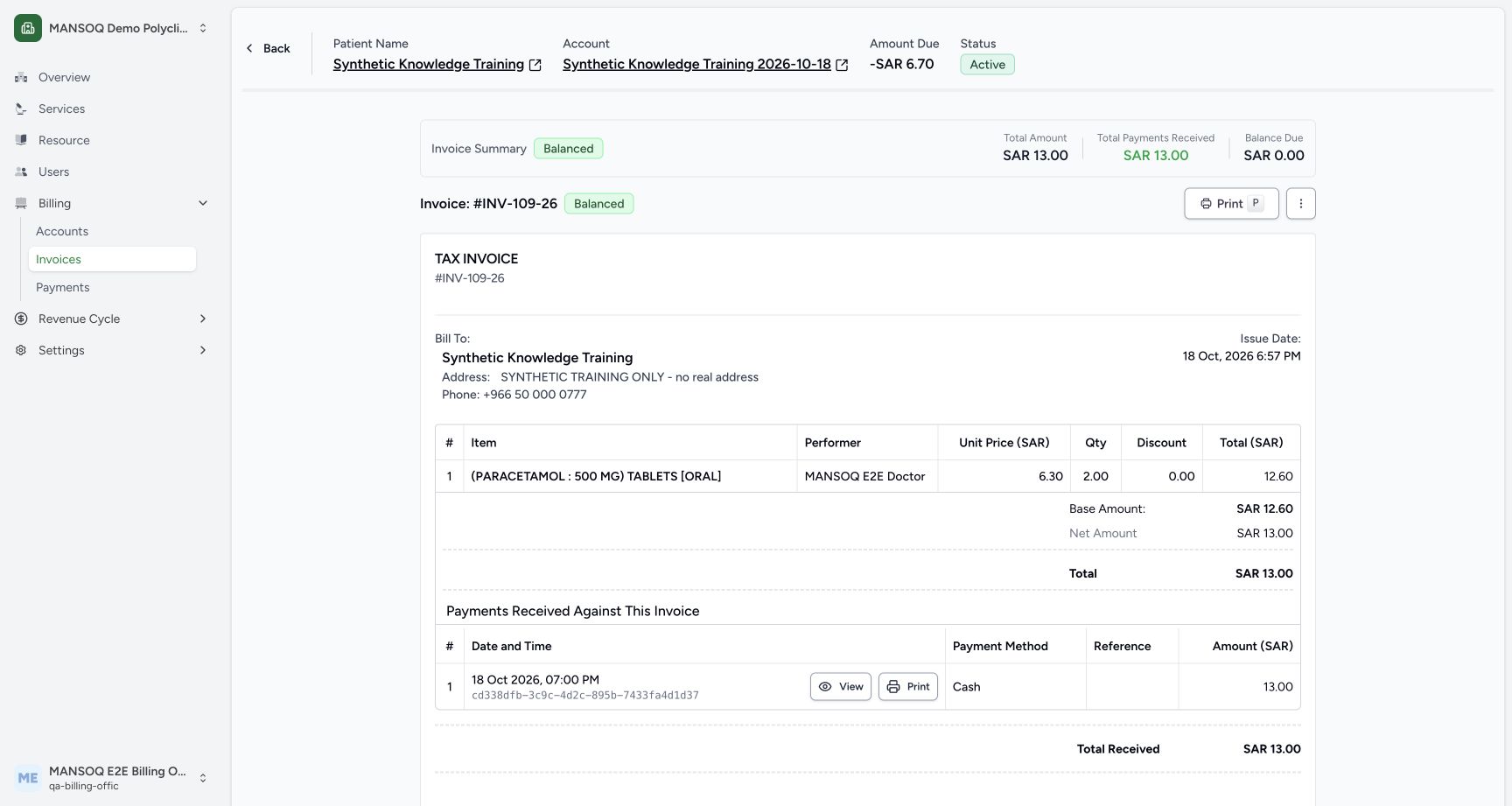 Review the saved invoice, totals and print entry. Actual synthetic Billing Officer desktop lesson.