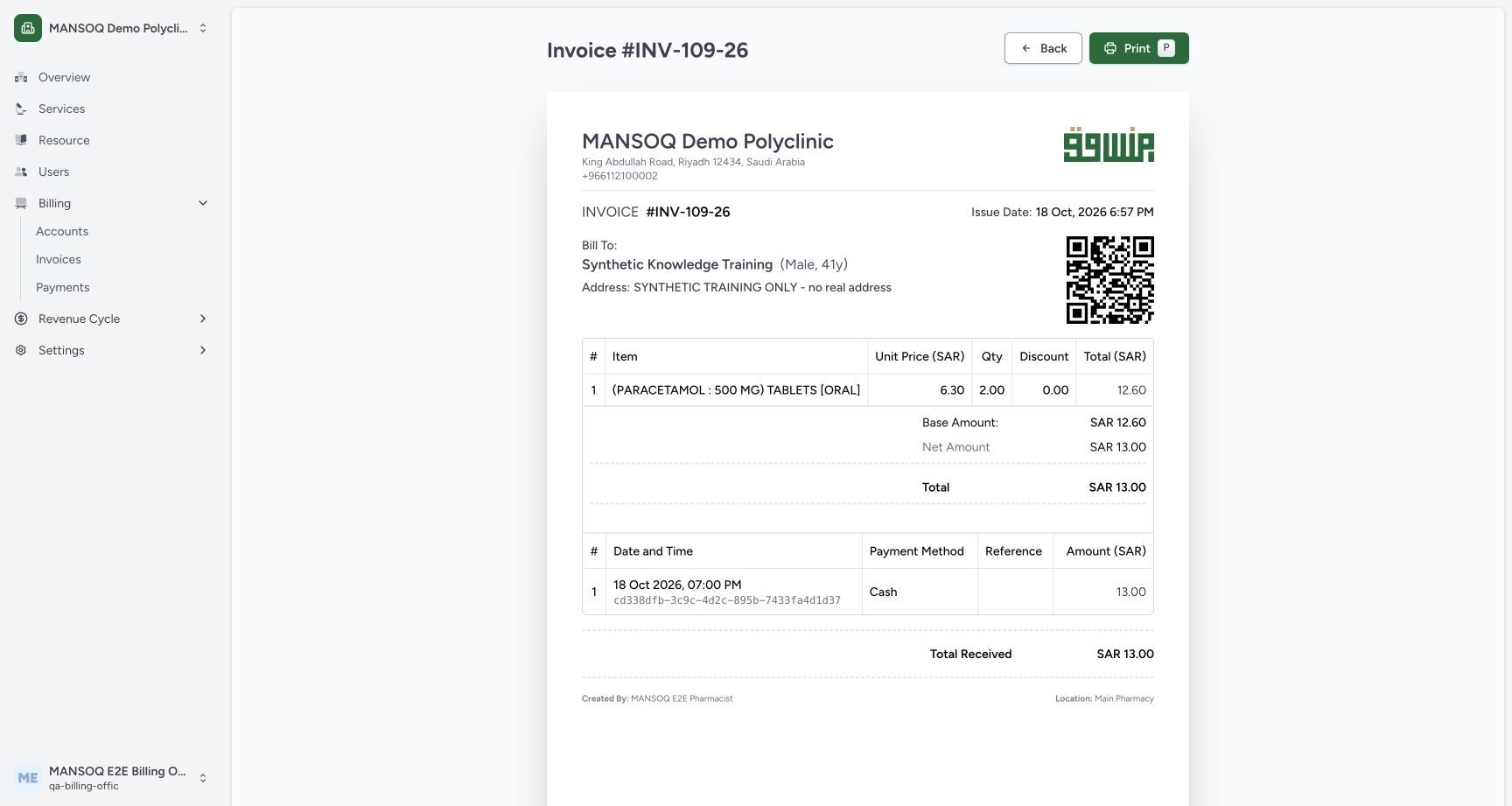 Review the invoice print page before opening Print. Actual synthetic Billing Officer desktop lesson.