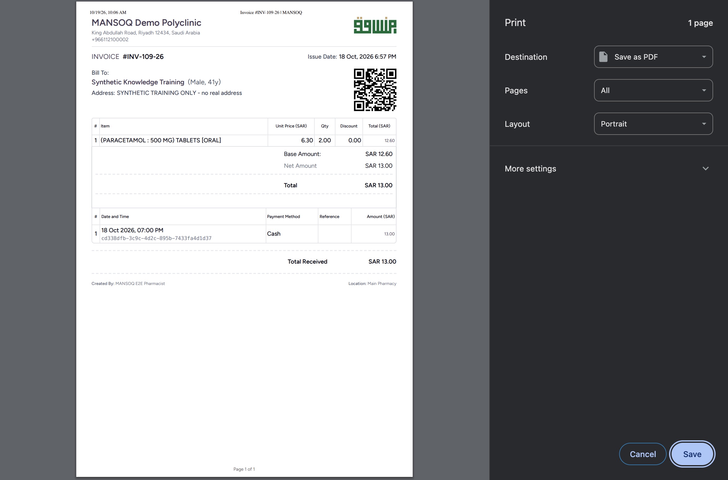 macOS Chrome Print: Save the one-page invoice PDF. Actual synthetic Billing Officer desktop lesson.