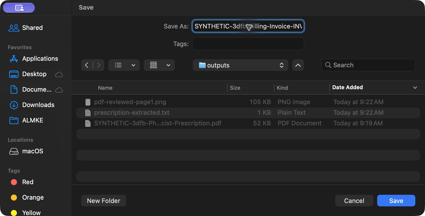 macOS Save: retain the synthetic invoice PDF. Actual synthetic Billing Officer desktop lesson.